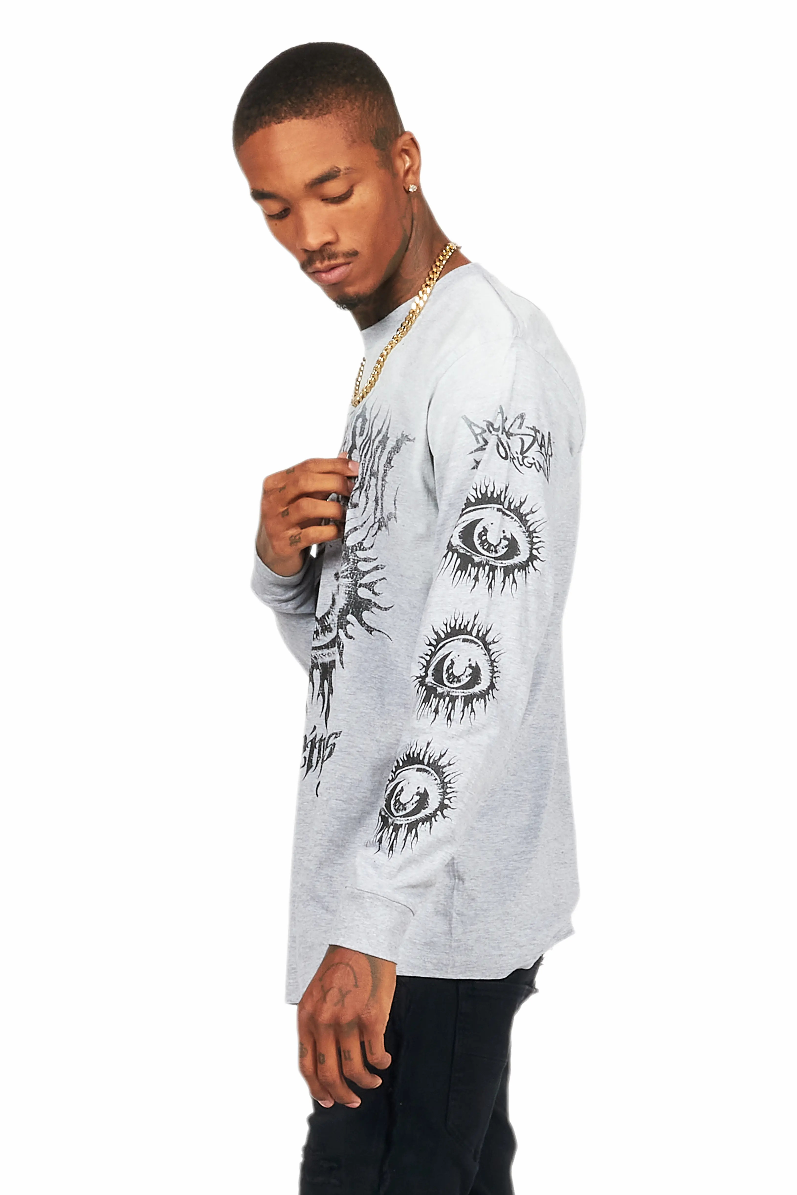 All Seeing Eyes Heather Grey Long Sleeve Graphic T-Shirt - Image 3