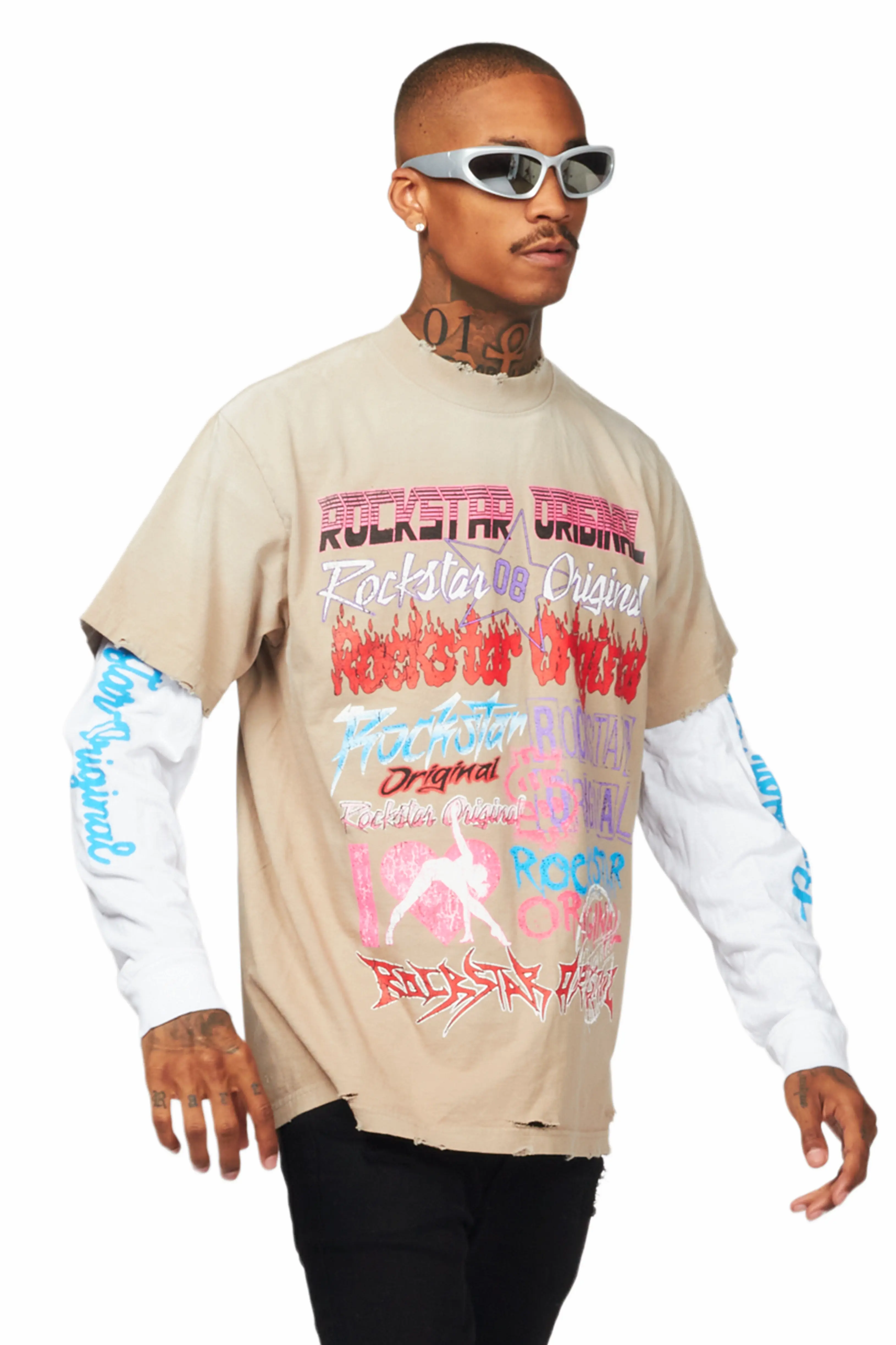 Floridabolous Beige/White Double Layer Long Sleeve Graphic T-Shirt - Image 4