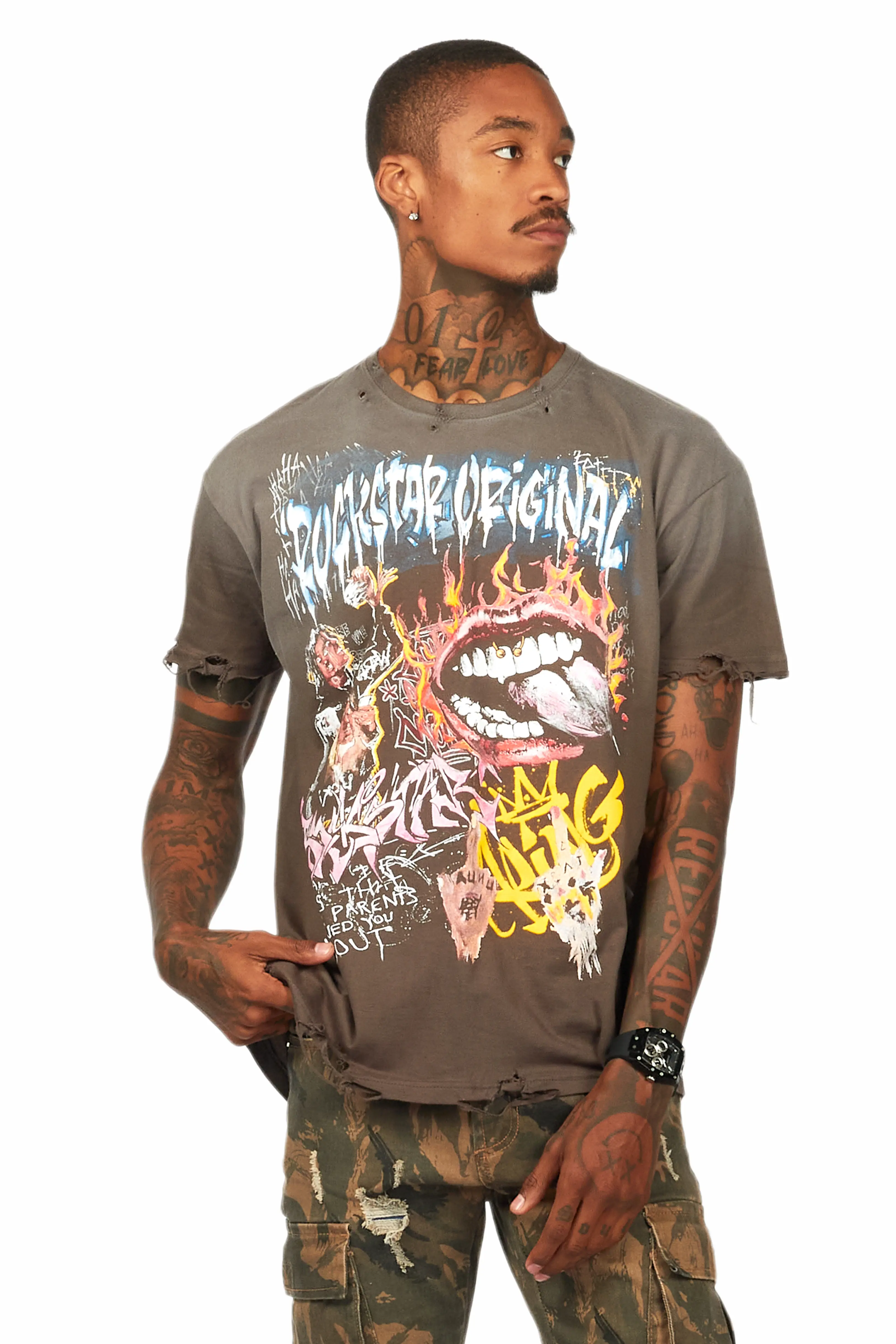 Yooz Charcoal Graphic Oversized T-Shirt - Image 2