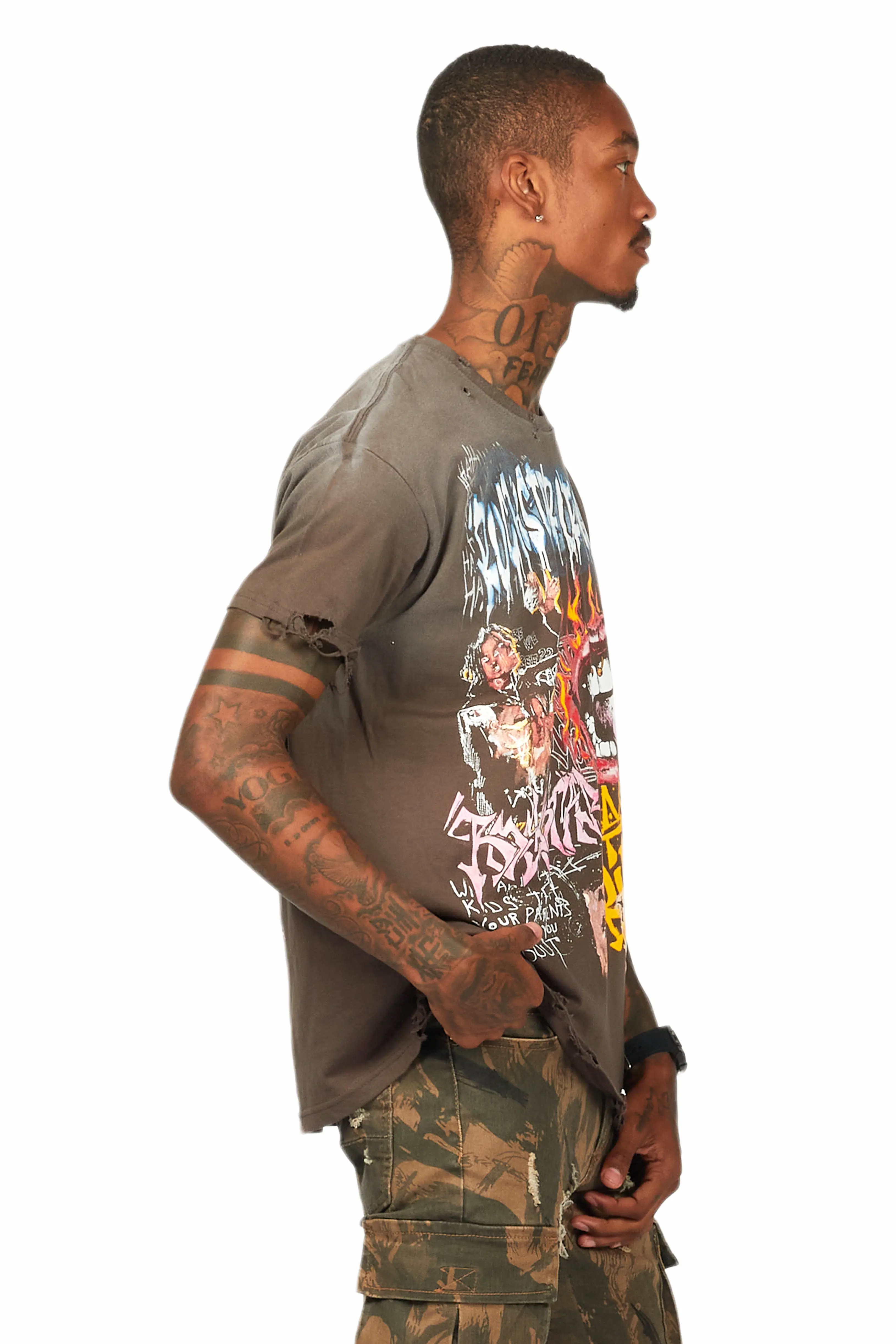 Yooz Charcoal Graphic Oversized T-Shirt - Image 3