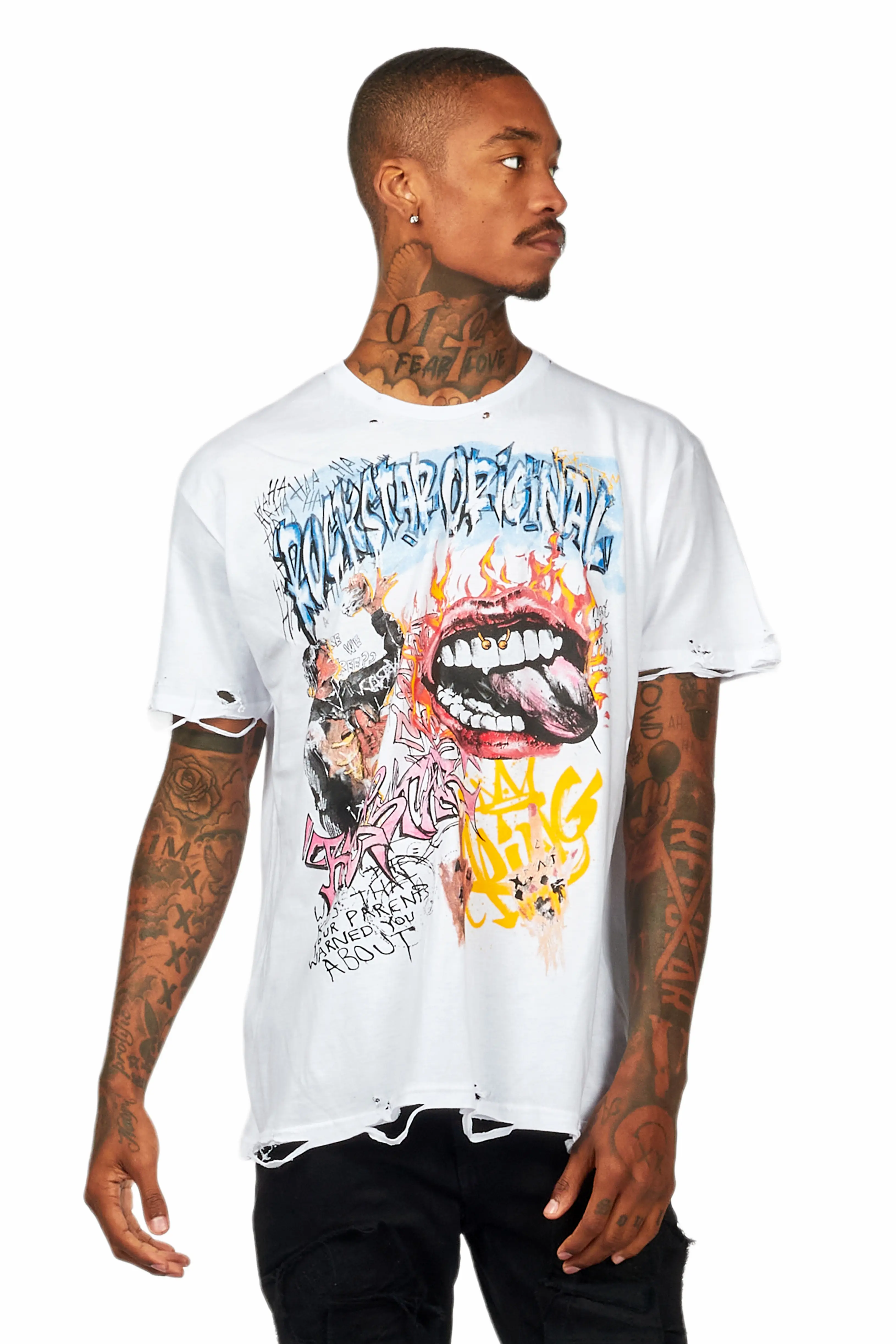 Yooz White Graphic Oversized T-Shirt - Image 2