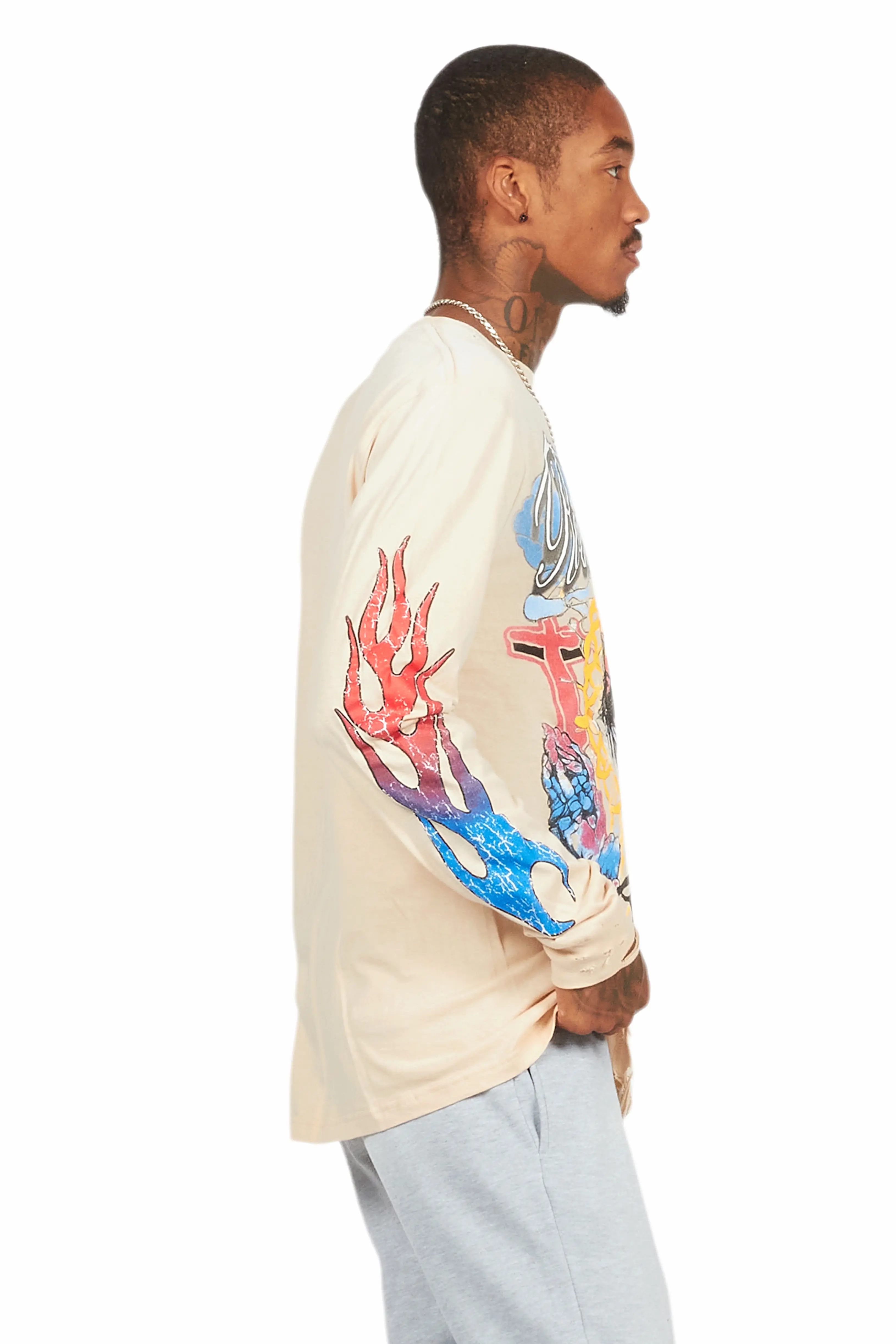 Tadashi Beige Long Sleeve Graphic T-Shirt - Image 3