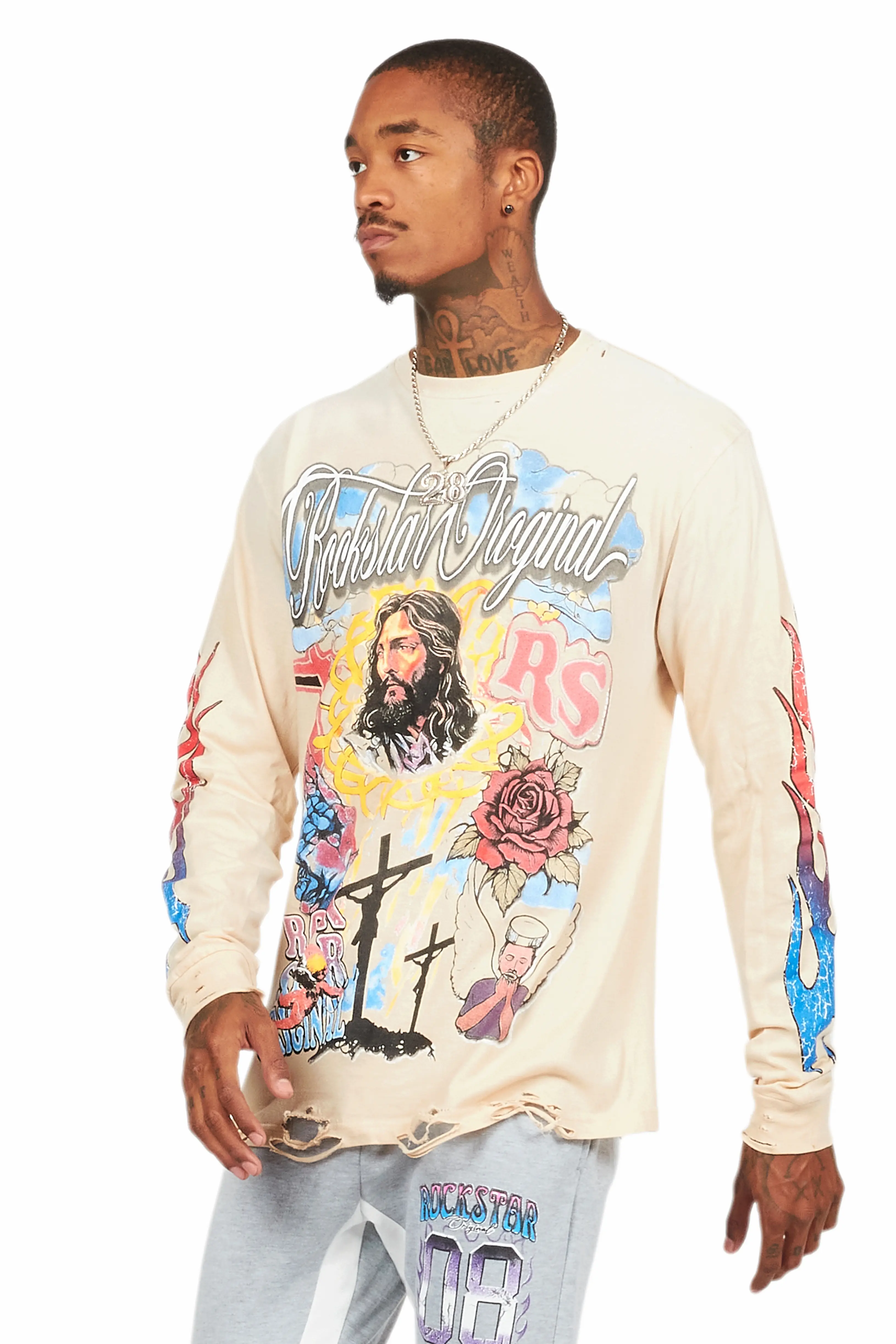 Tadashi Beige Long Sleeve Graphic T-Shirt - Image 5