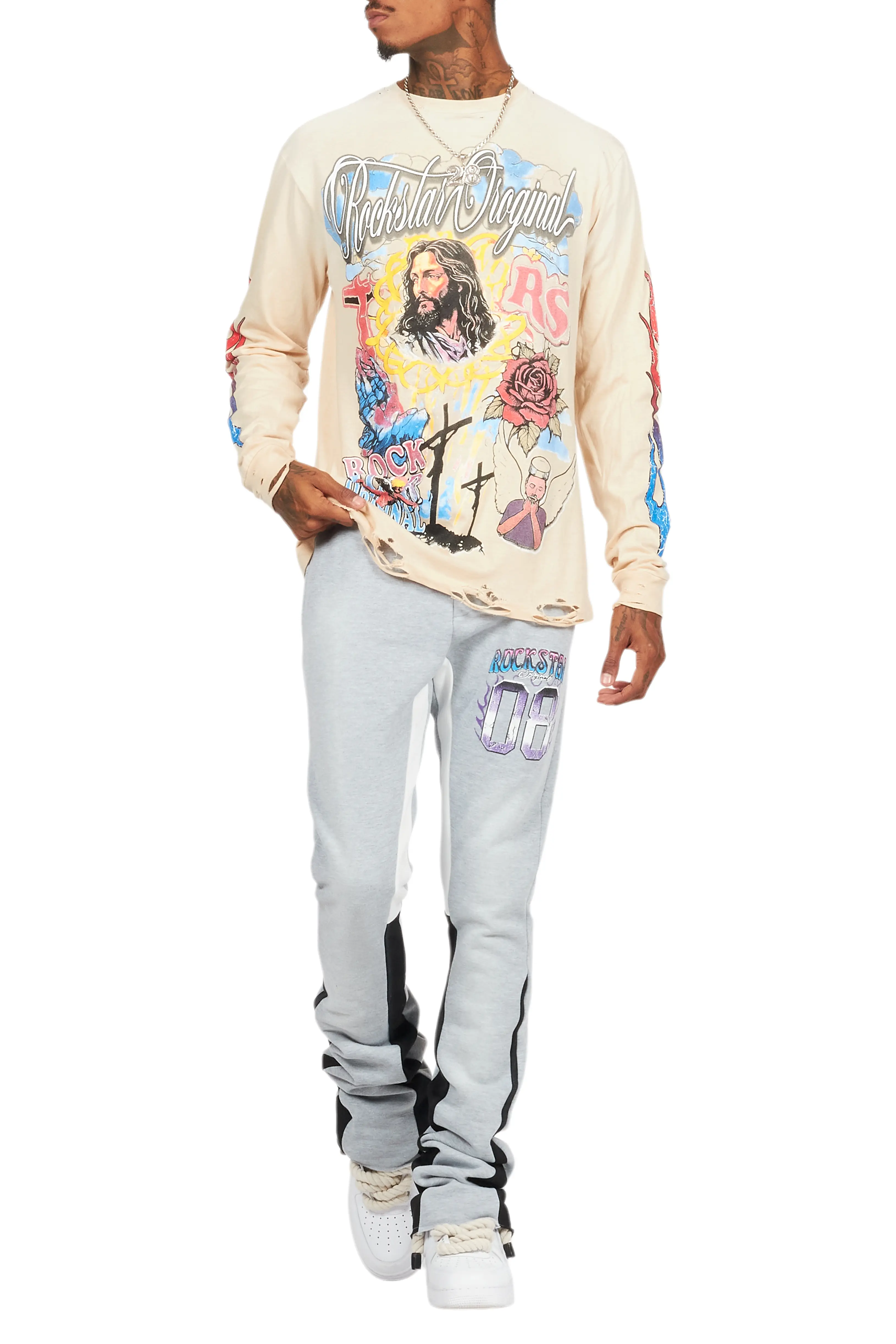 Tadashi Beige Long Sleeve Graphic T-Shirt - Image 7
