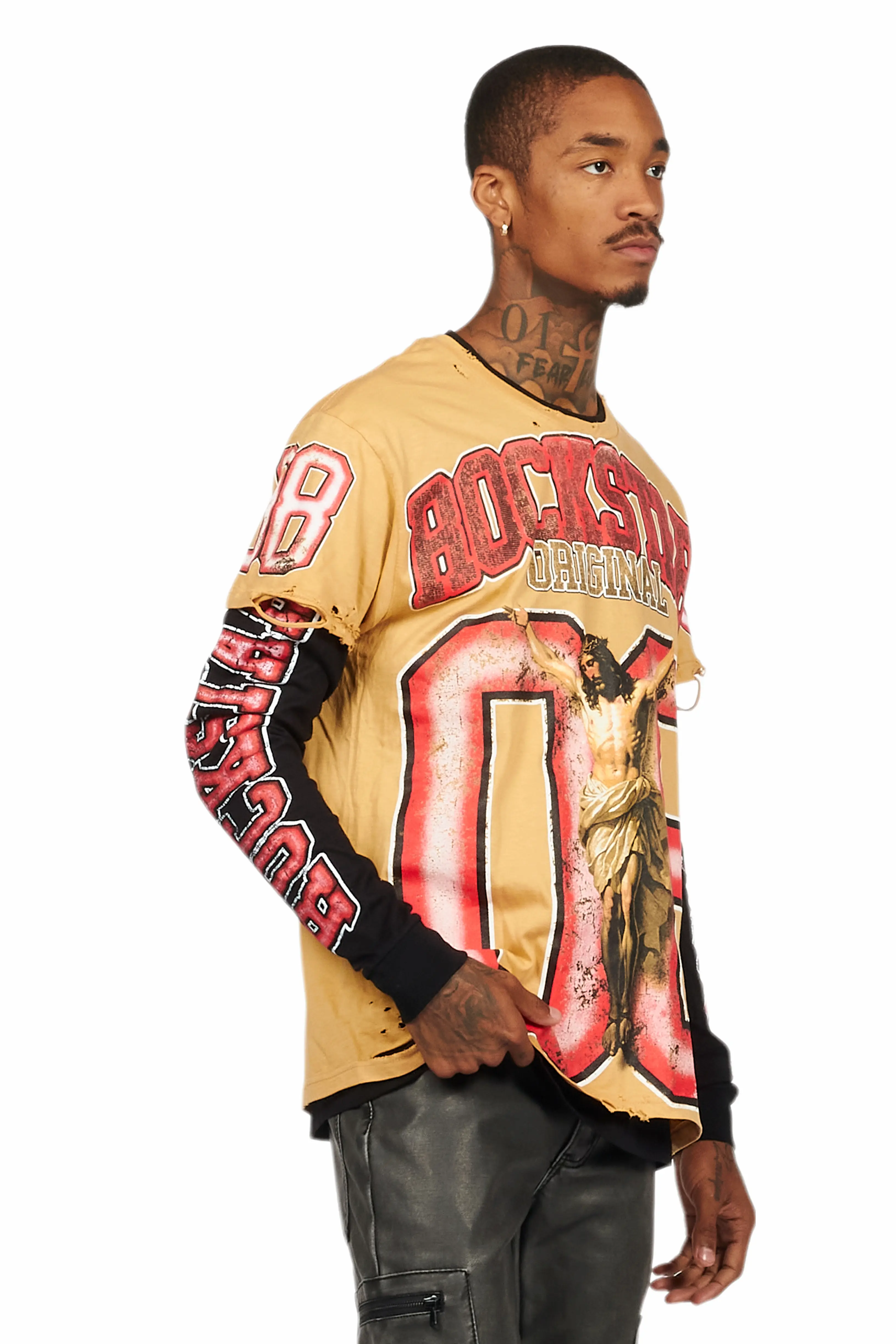 Fields Beige/Red Double Layer Long Sleeve Graphic T-Shirt - Image 6
