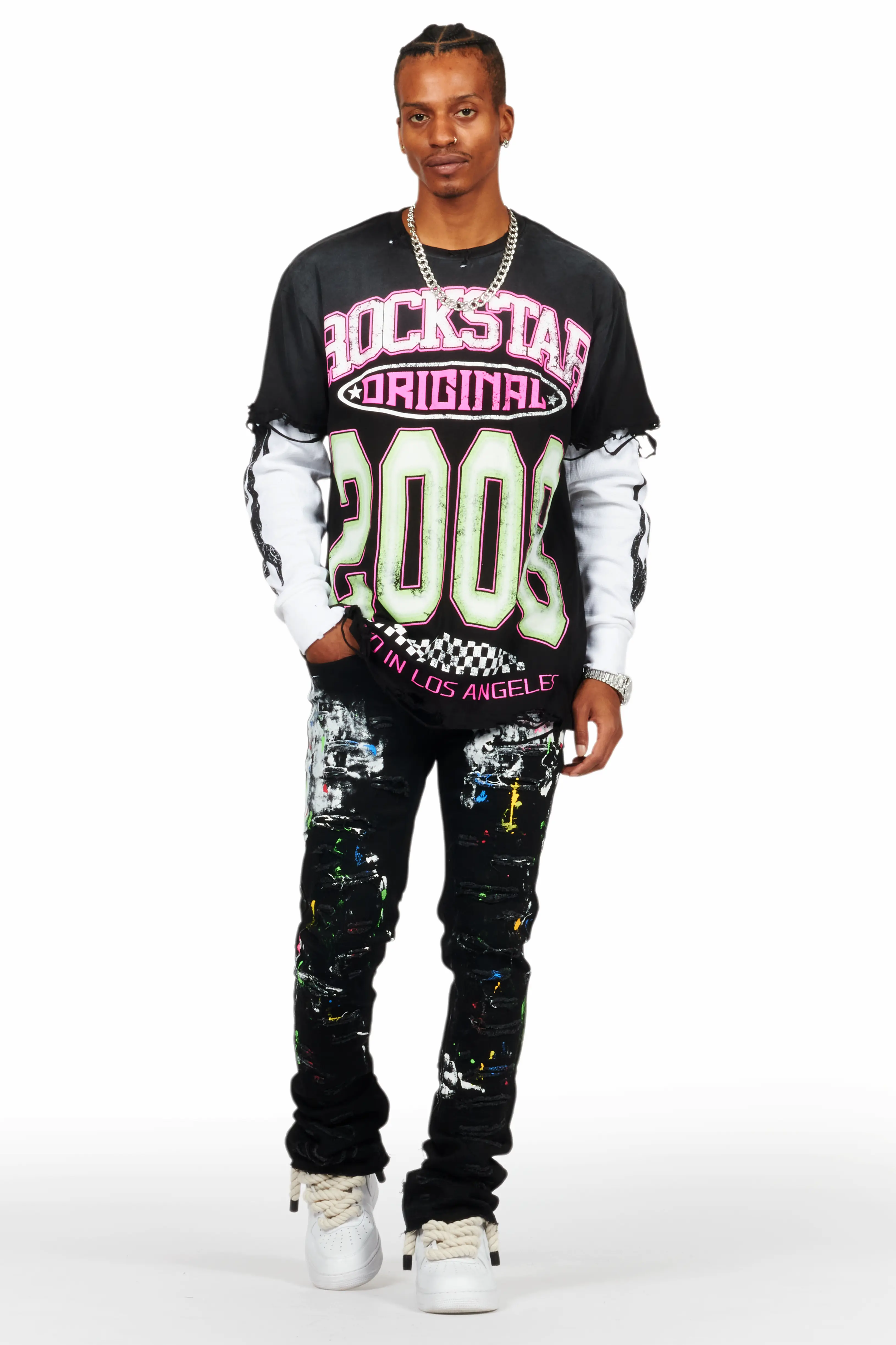 Jaren Black Double Layer Long Sleeve Graphic T-Shirt - Image 2