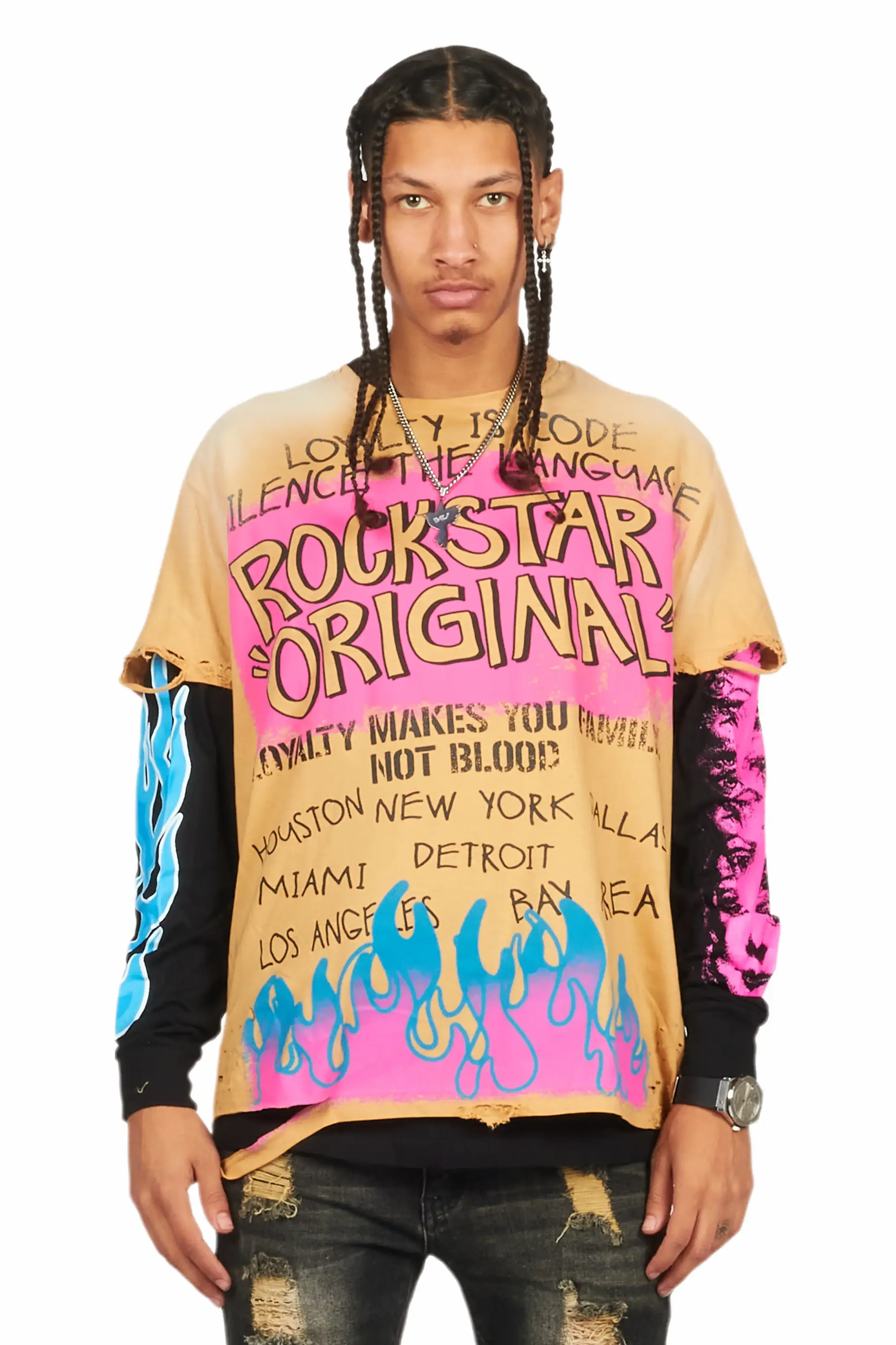 Beno Beige/Black Double Layer Long Sleeve Graphic T-Shirt - Image 2