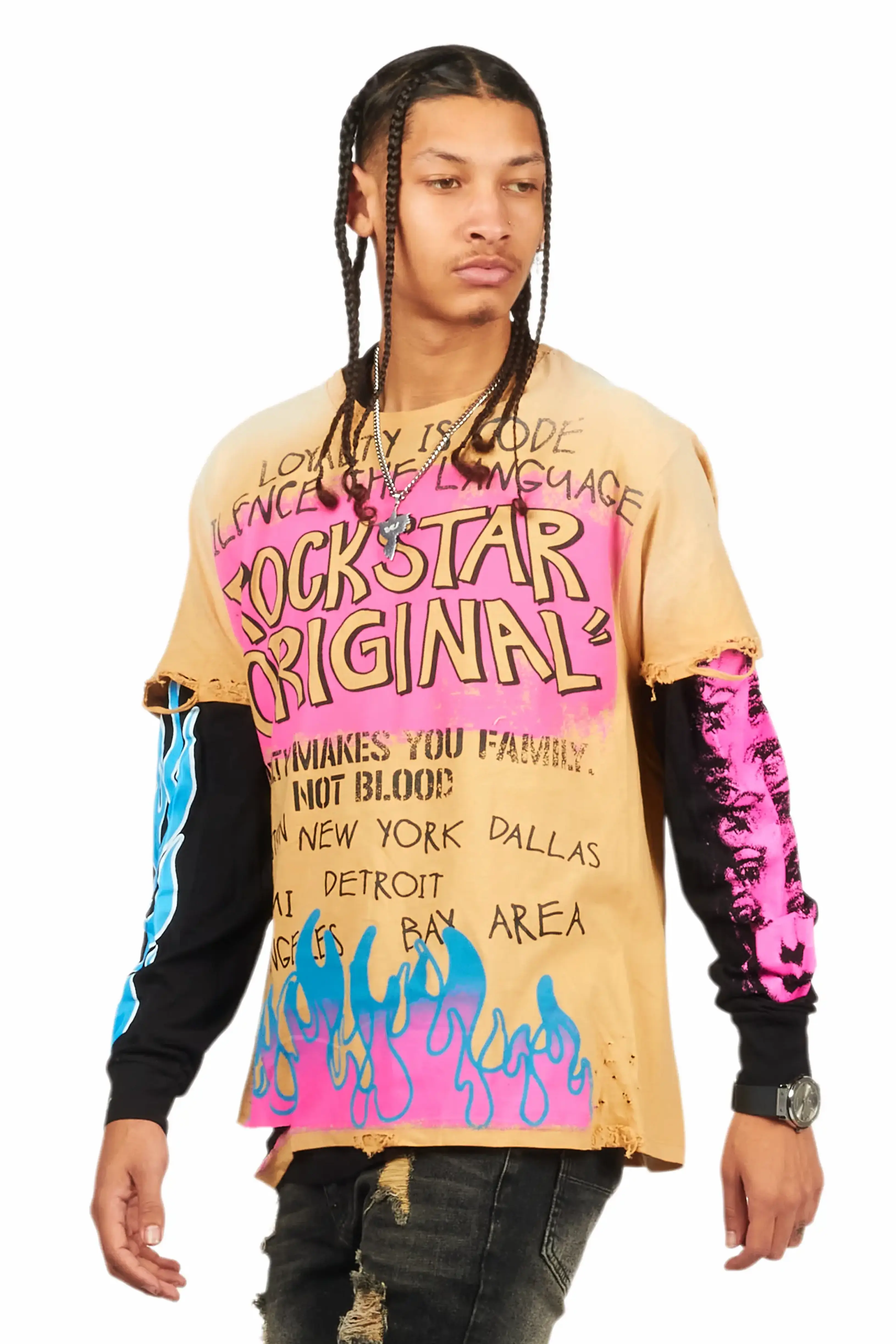 Beno Beige/Black Double Layer Long Sleeve Graphic T-Shirt - Image 5