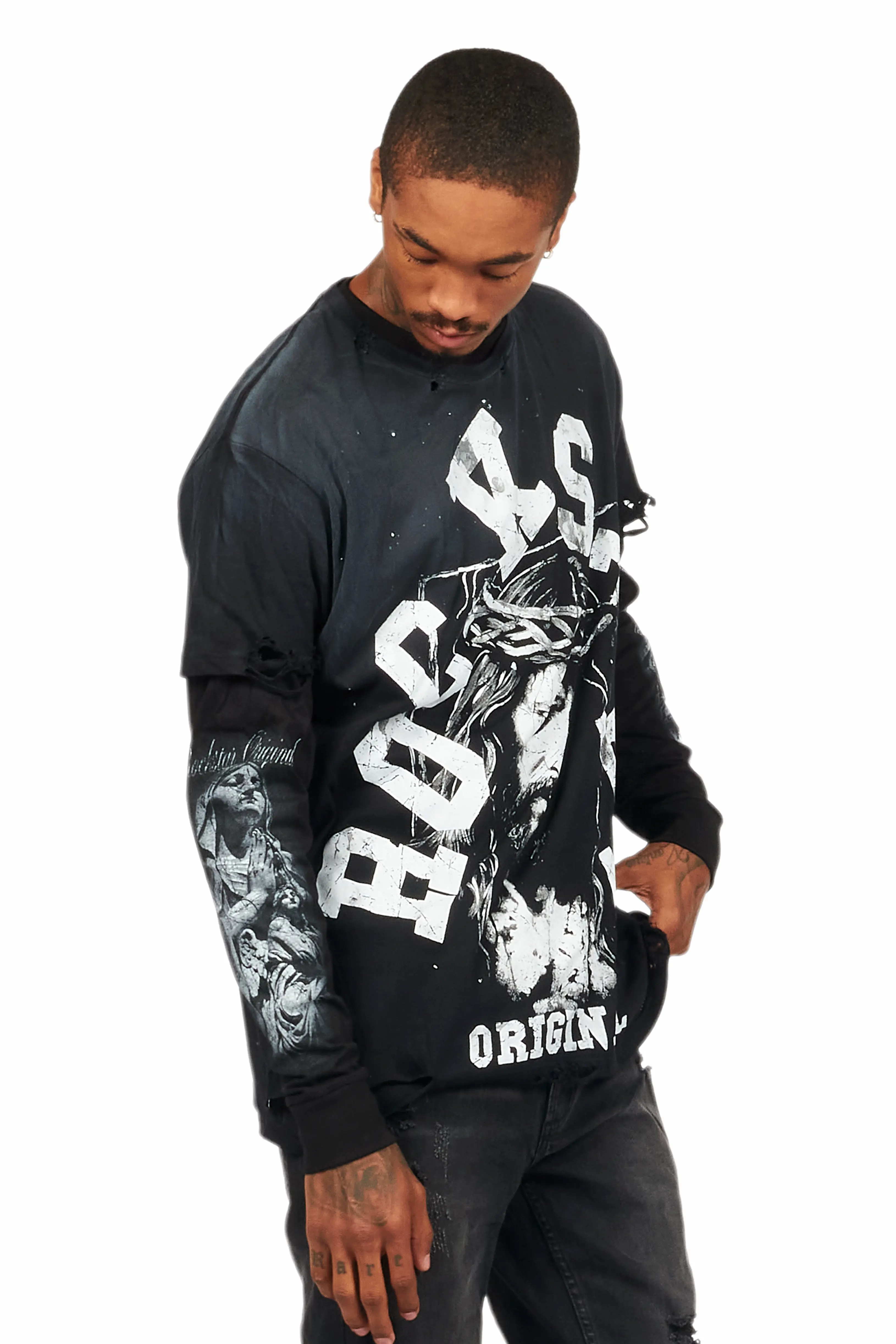 Alfred Black Double Layer Long Sleeve Graphic T-Shirt - Image 3