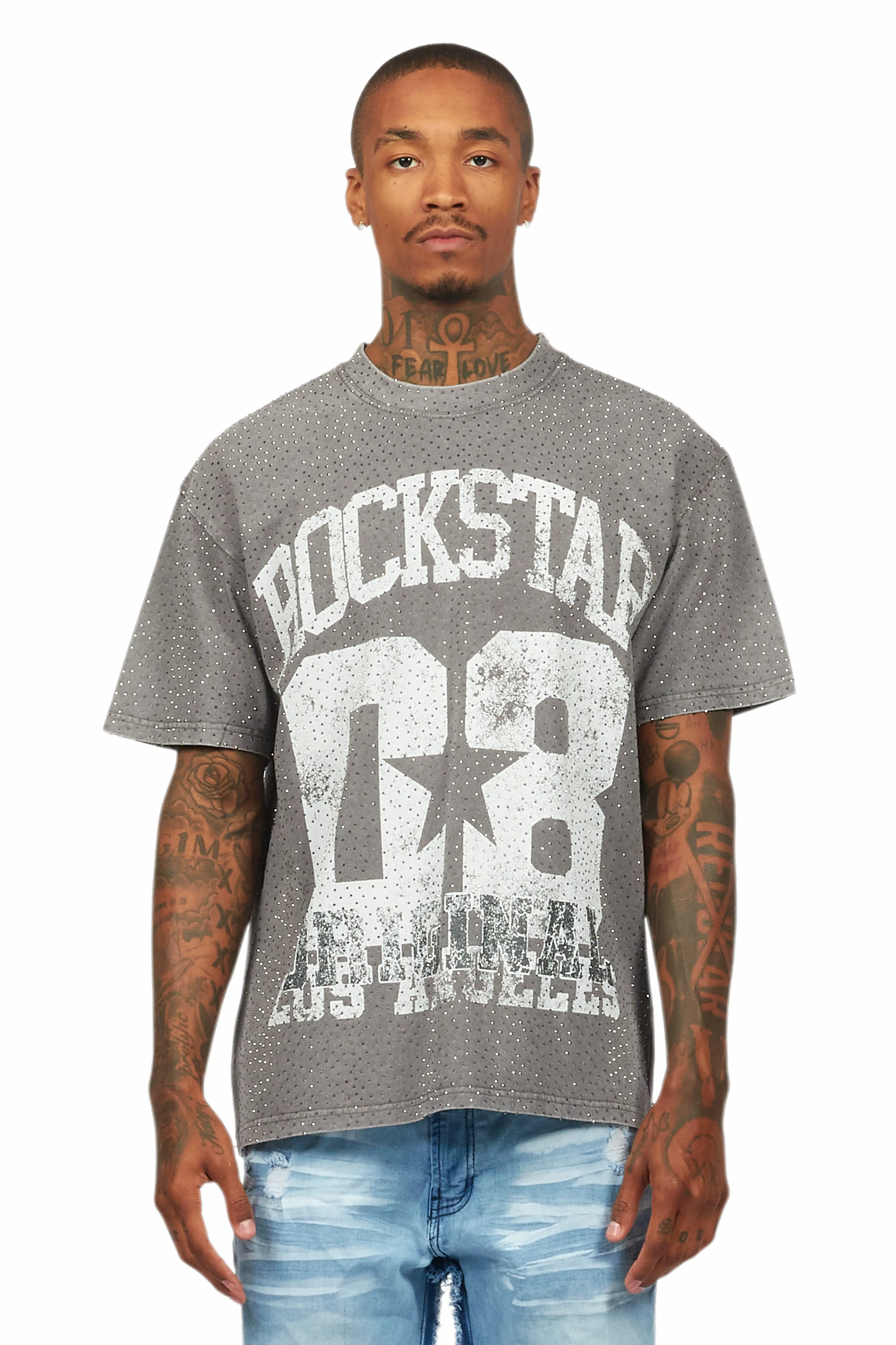 Flamur Grey Graphic Rhinestone T-Shirt - Image 2
