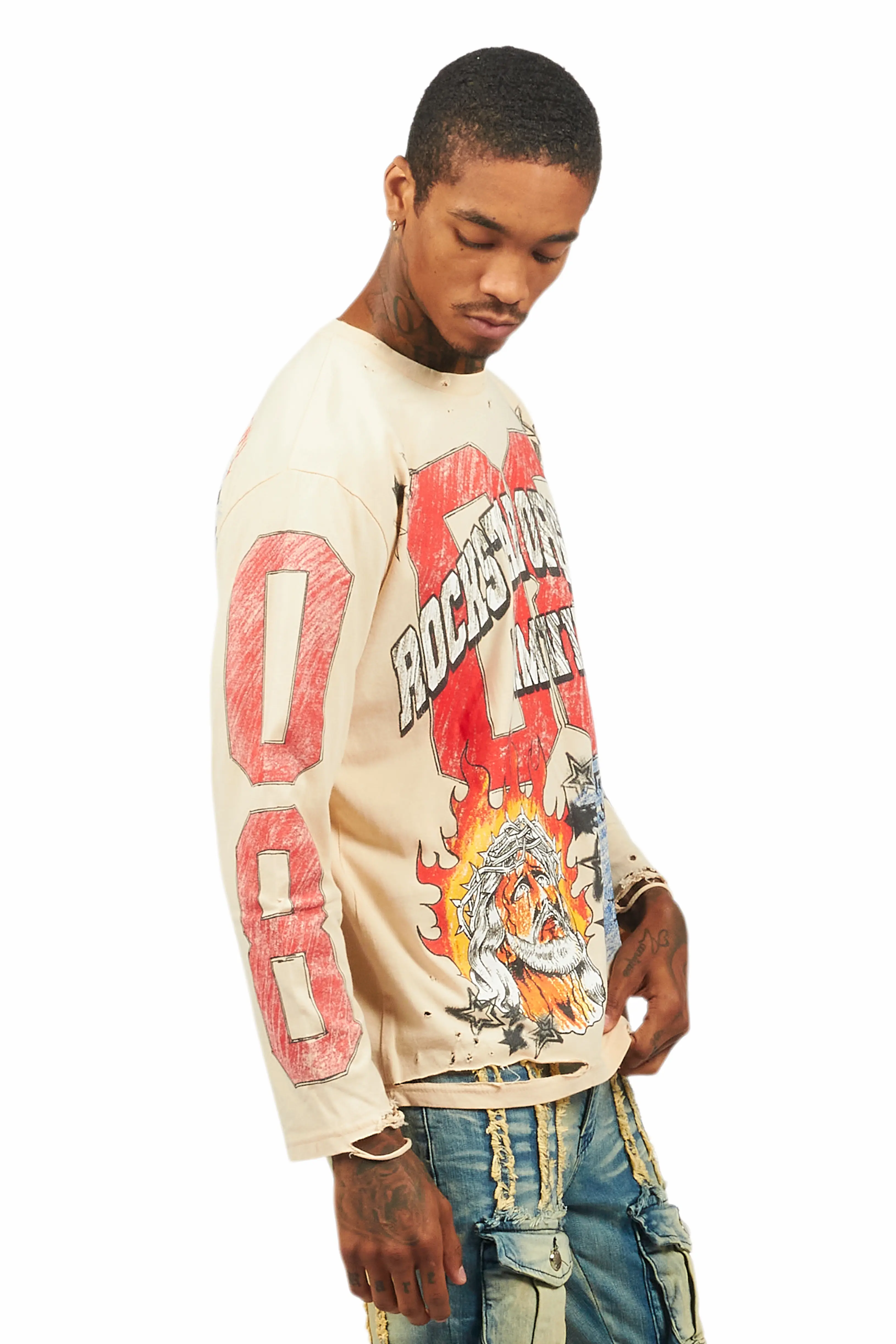 Jesus Crayon Beige Long Sleeve Graphic T-Shirt - Image 3
