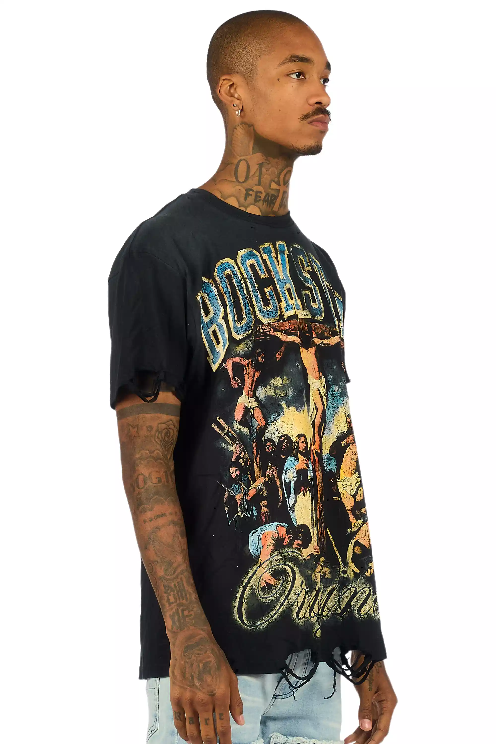 Waller Black Distressed Oversized Graphic T-Shirt - Image 3