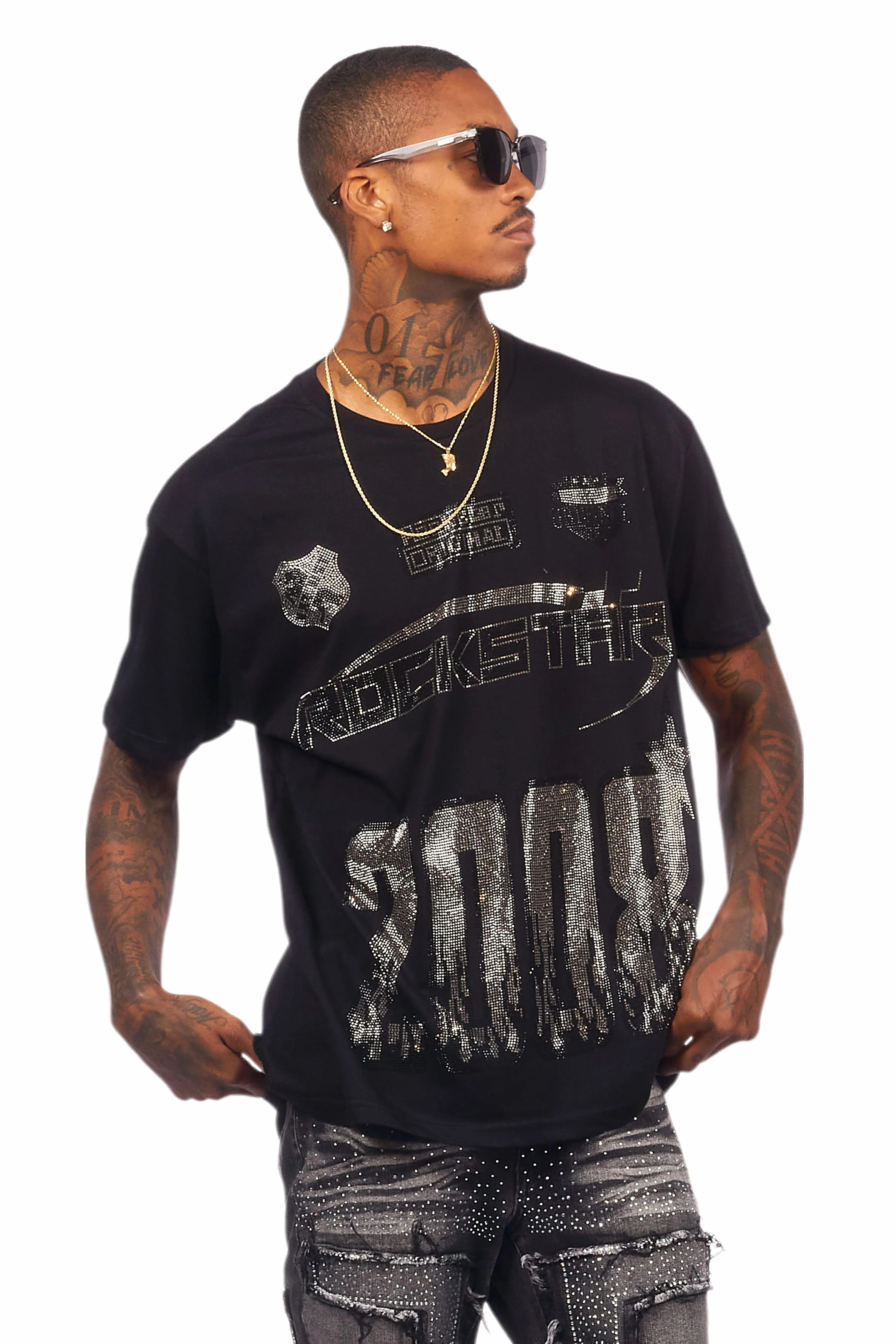 Brazen Black Graphic Rhinestone T-Shirt - Image 6