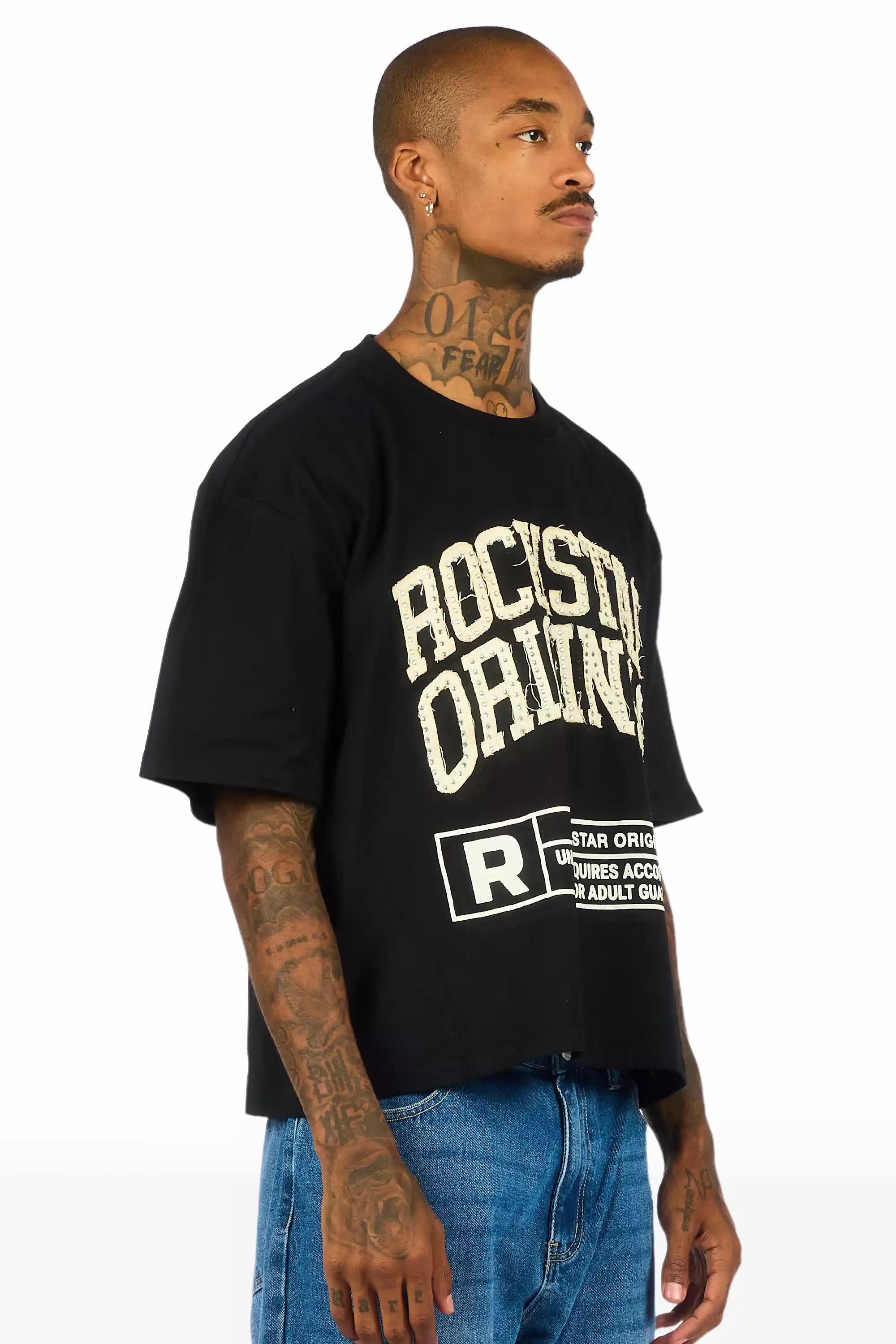 Tracy Black Rhinestone Boxy Crop T-Shirt - Image 3