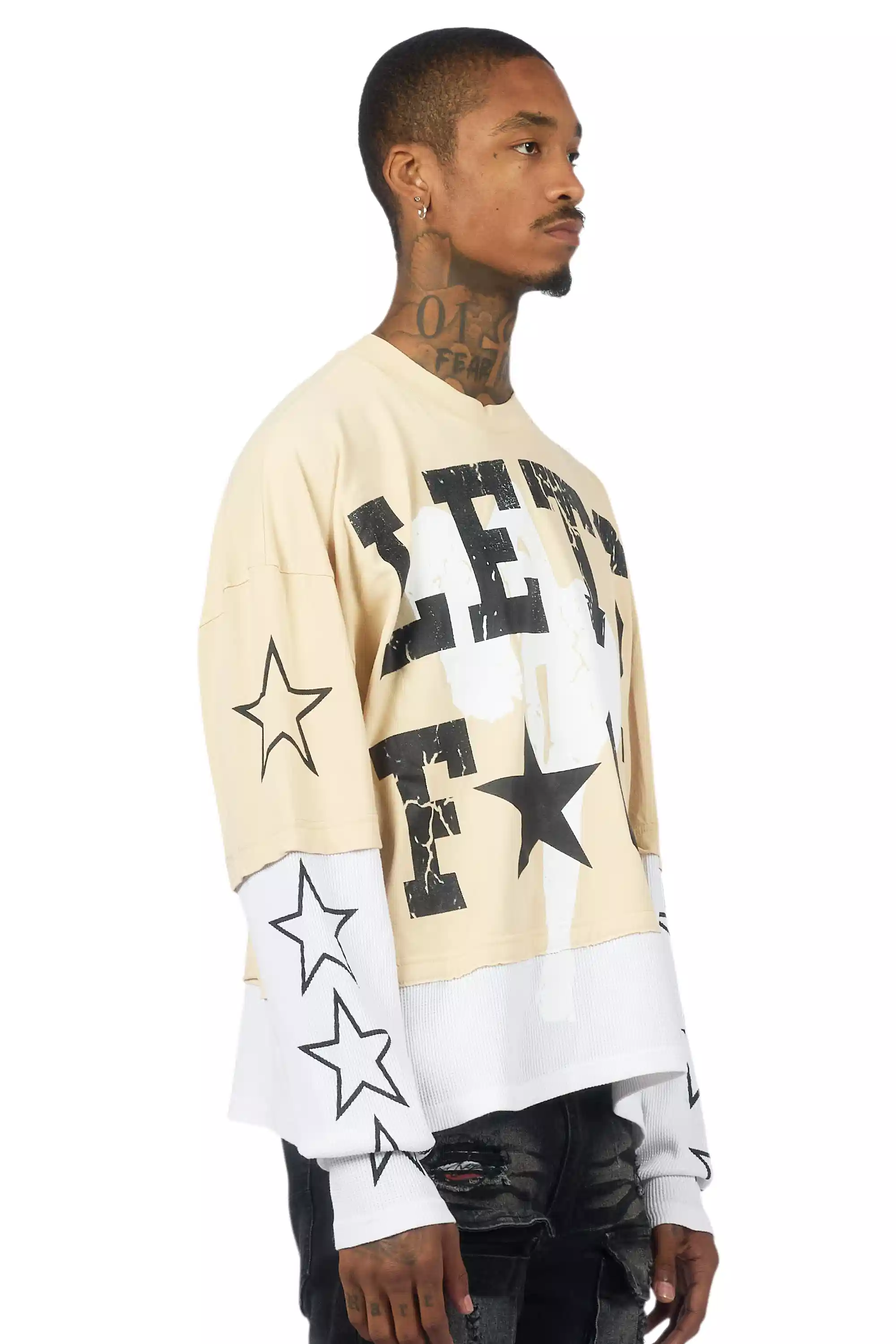 Pacino Beige/Black Boxy Crop Double Layer Tee - Image 3
