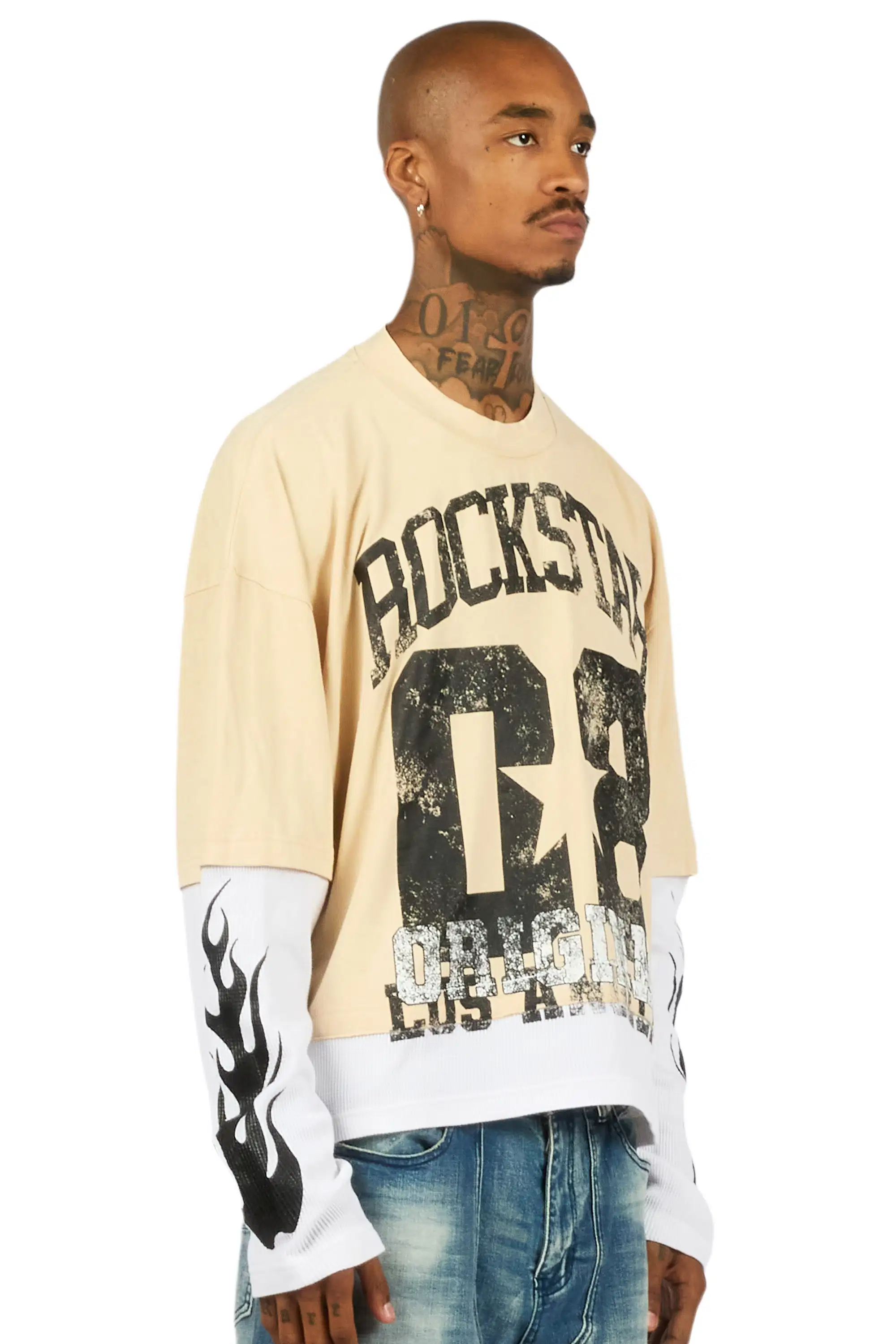 Flamur Beige/Black Double Layer Long Sleeve Graphic T-Shirt - Image 3