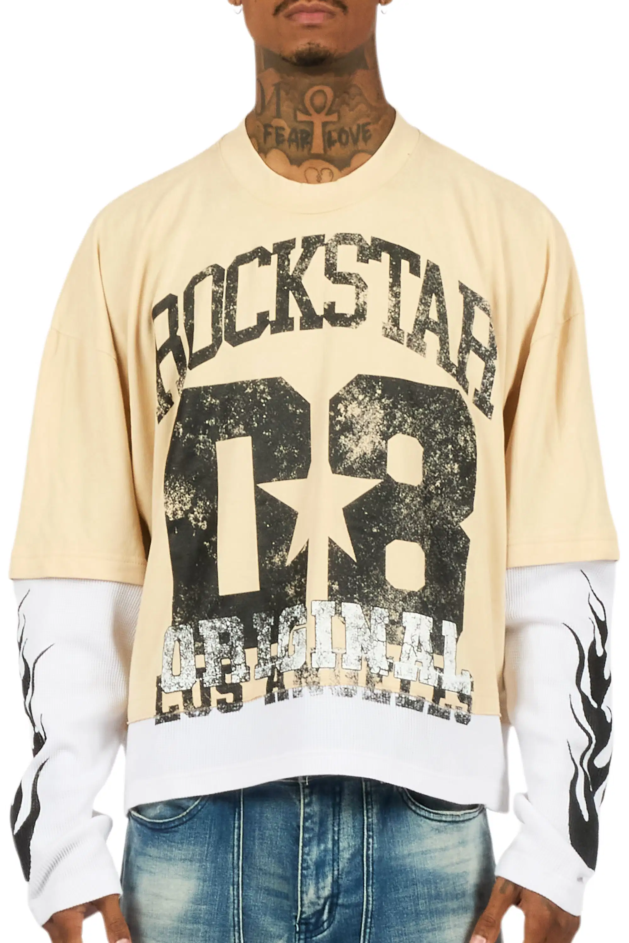 Flamur Beige/Black Double Layer Long Sleeve Graphic T-Shirt - Image 6