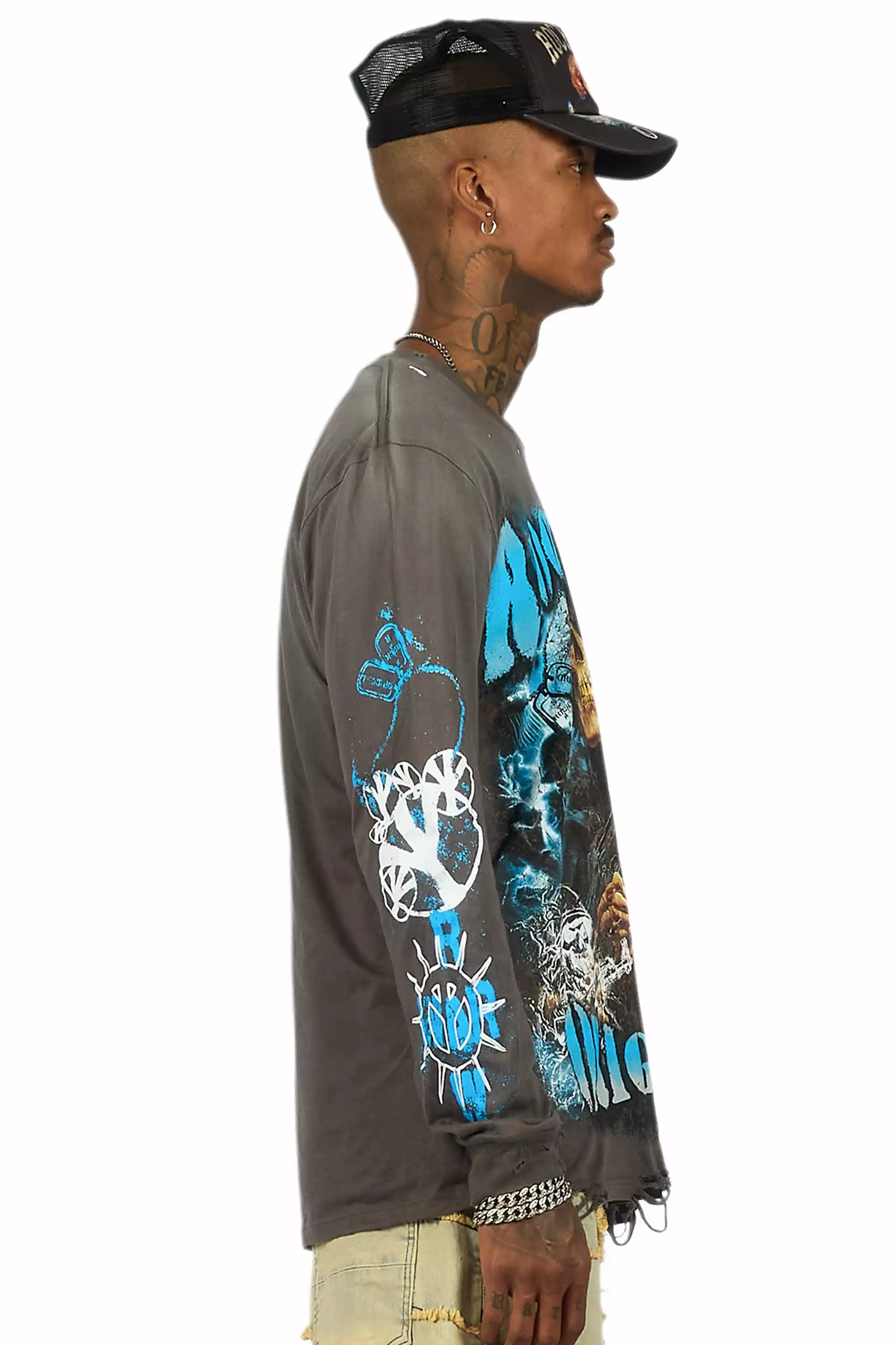 Zare Charcoal/Blue Long Sleeve Graphic T-Shirt - Image 4