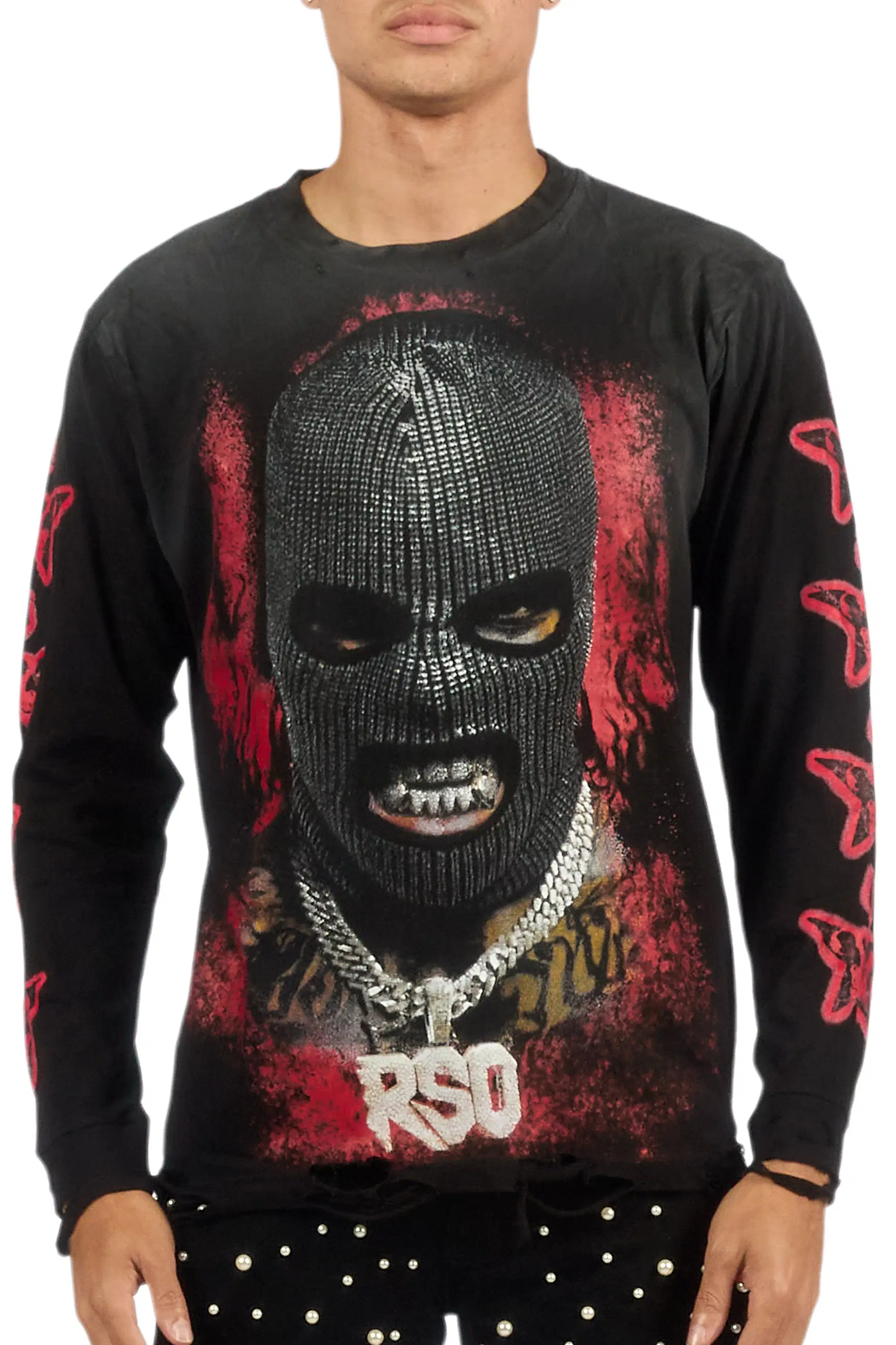 Tyvion Black/Red Long Sleeve Distressed Graphic T-Shirt - Image 7