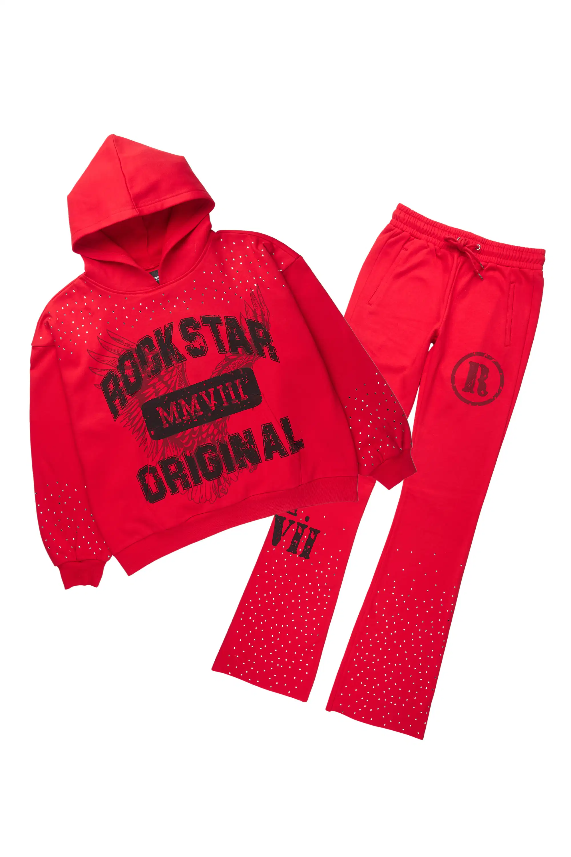 Borya Red Rhinestone Hoodie/Stacked Pant Track Set