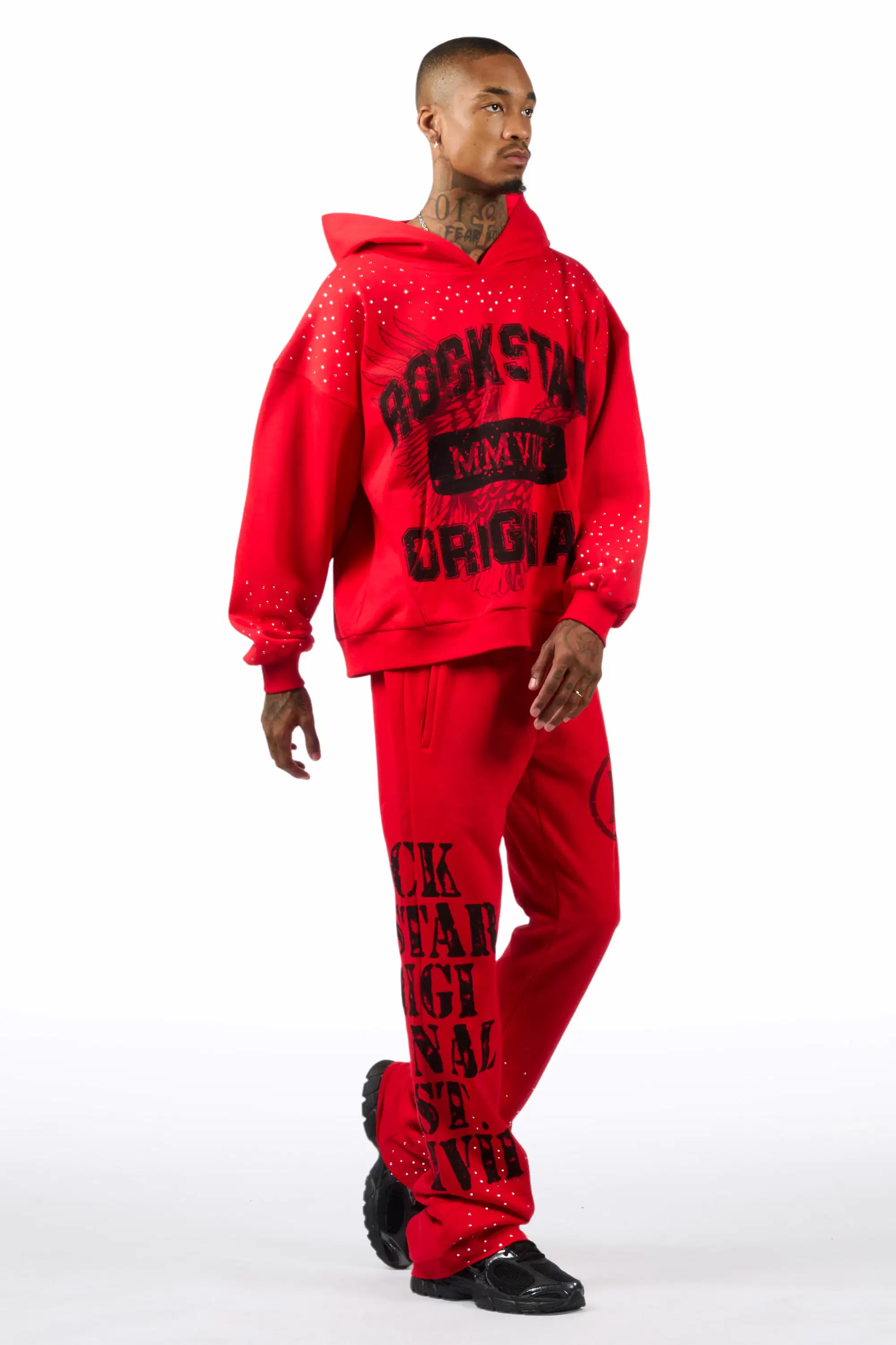 Borya Red Rhinestone Hoodie/Stacked Pant Track Set - Image 3
