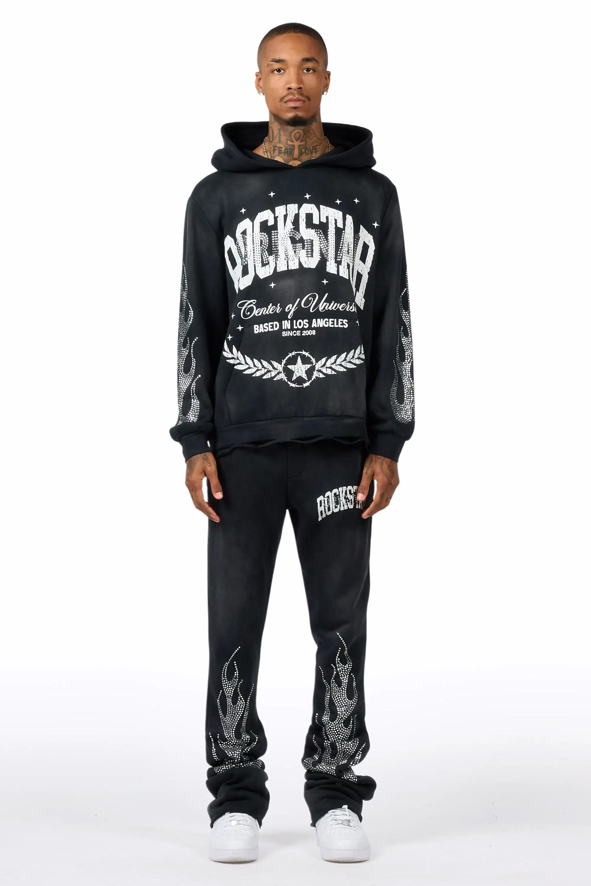 Strass Black Rhinestone Hoodie/Stacked Pant Track Set - Image 2