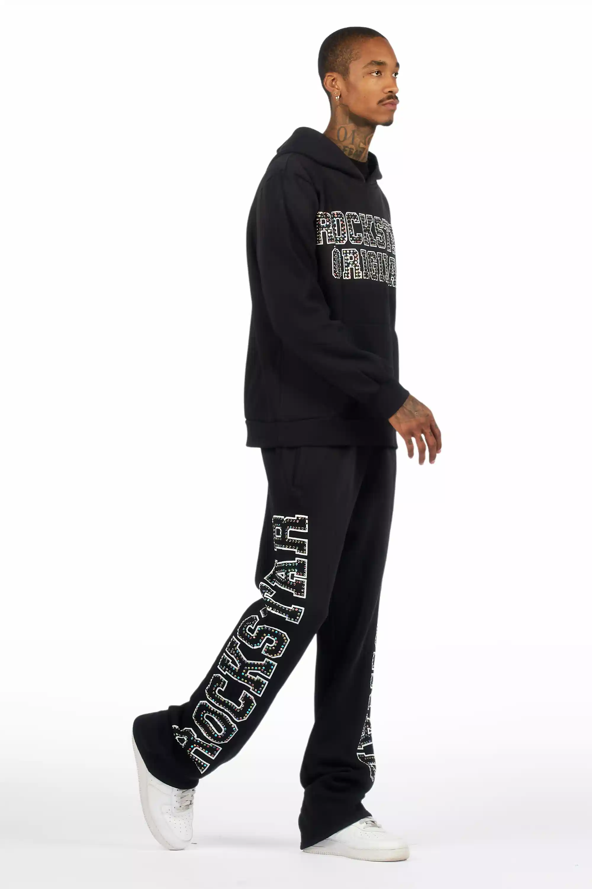 Ustin Black Rhinestone Hoodie Relaxed Track Set - Image 4