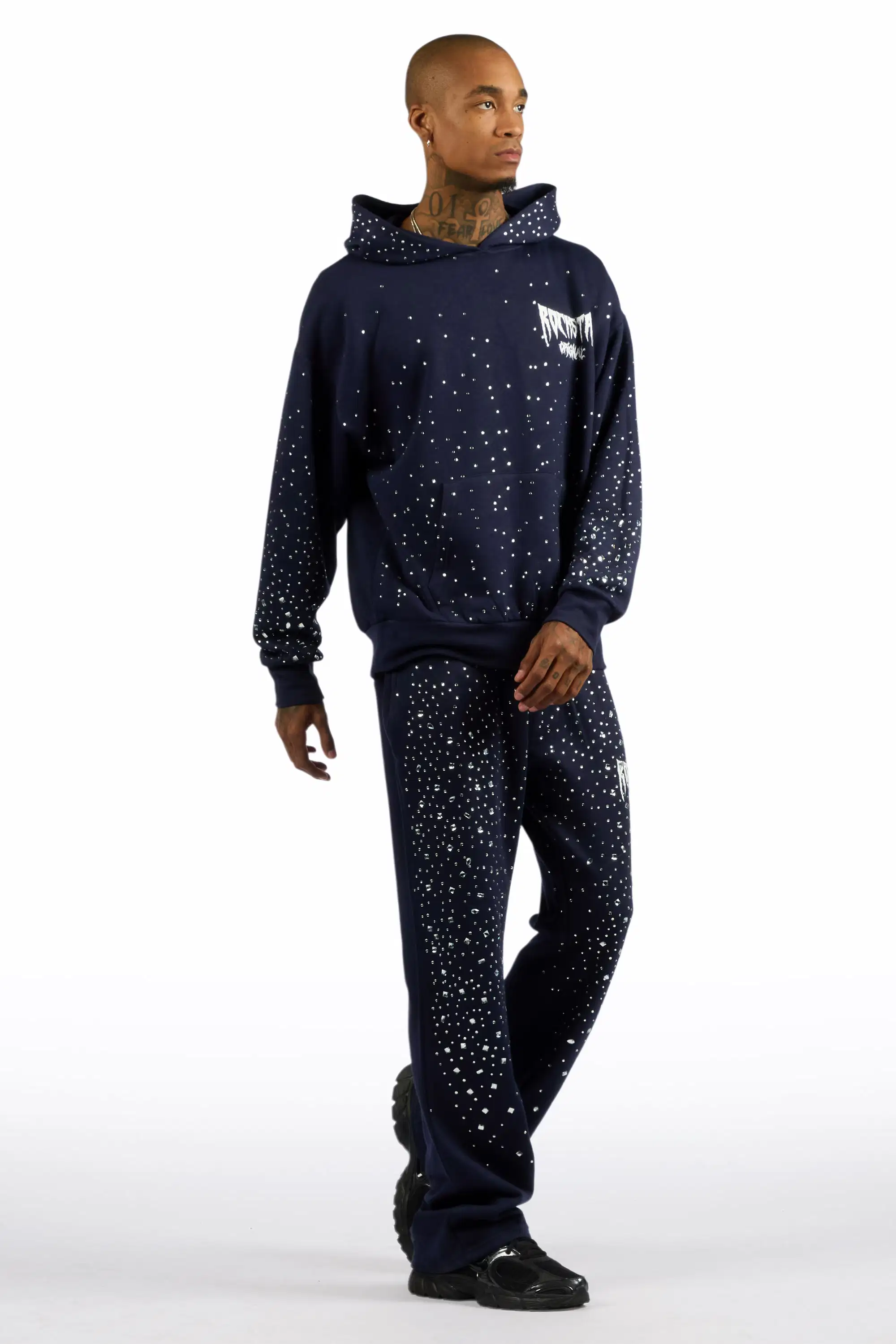 Twinkle Navy/White Rhinestone Hoodie Relaxed Track Set - Image 4