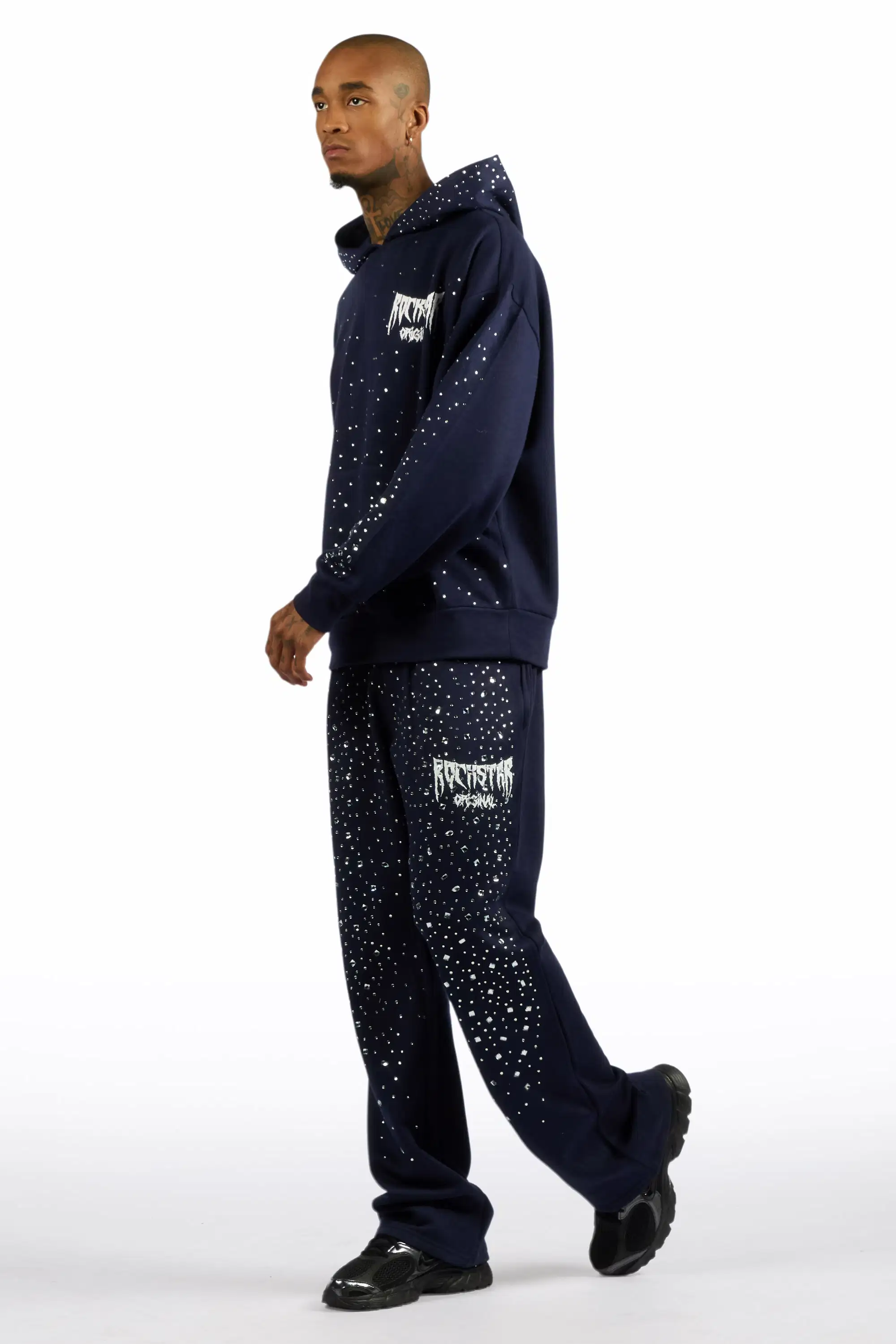 Twinkle Navy/White Rhinestone Hoodie Relaxed Track Set - Image 5