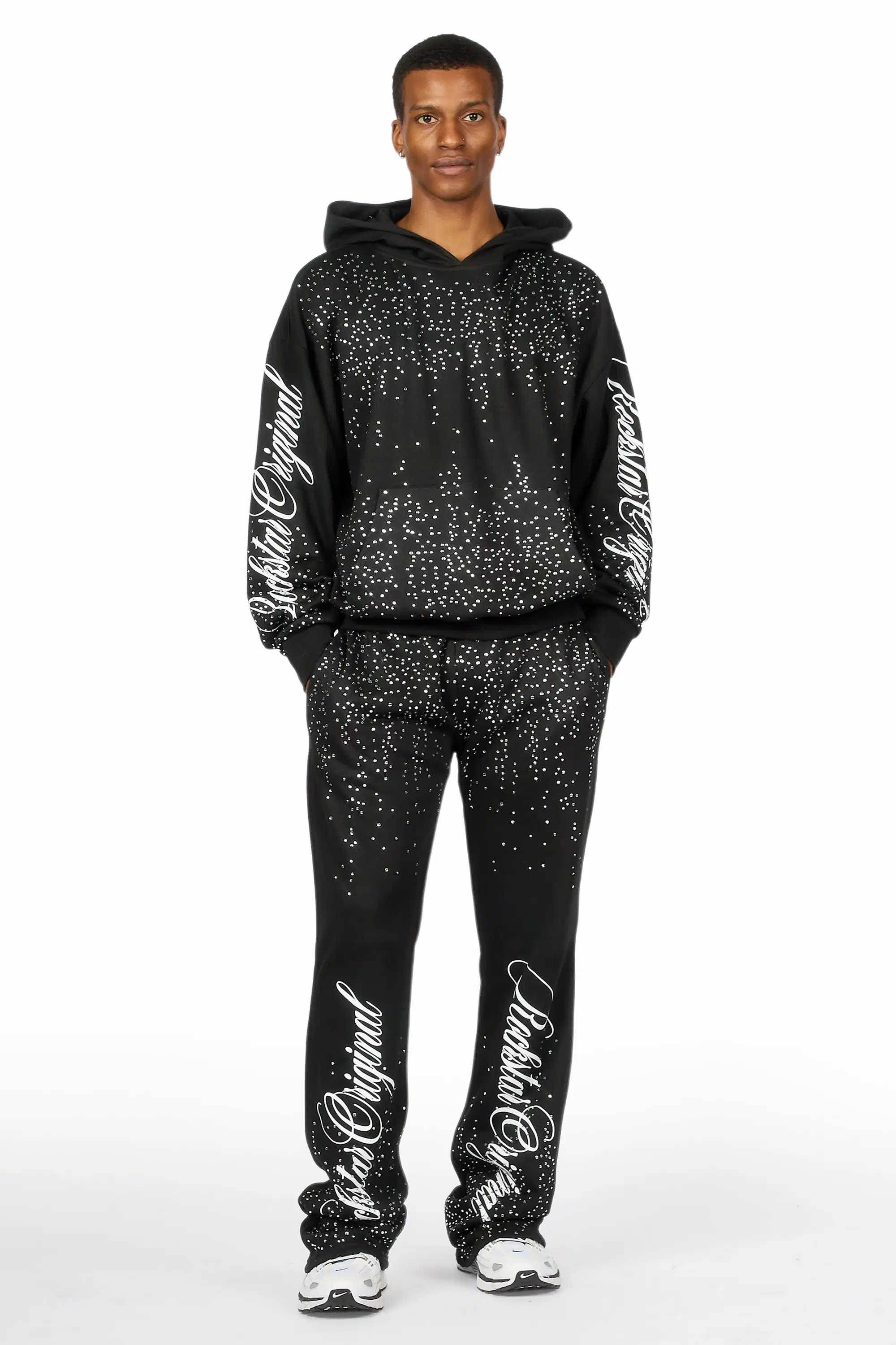 Strayce Black/White Rhinestone Hoodie Relaxed Track Set - Image 2