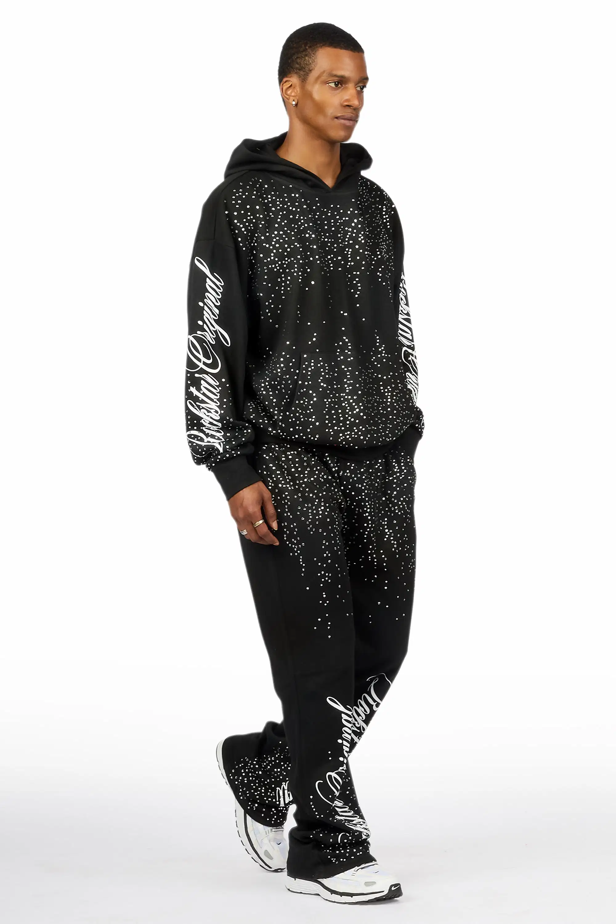 Strayce Black/White Rhinestone Hoodie Relaxed Track Set - Image 4