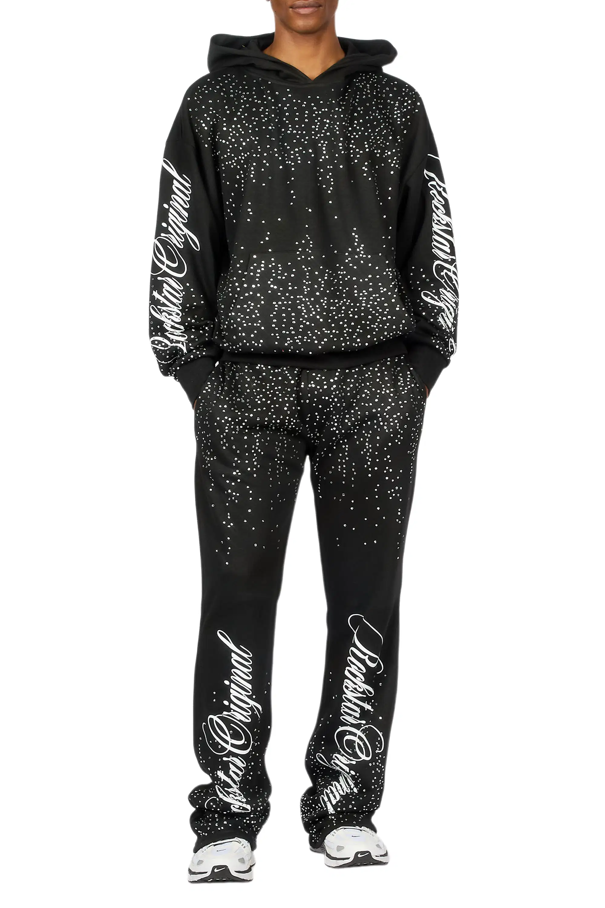Strayce Black/White Rhinestone Hoodie Relaxed Track Set - Image 9