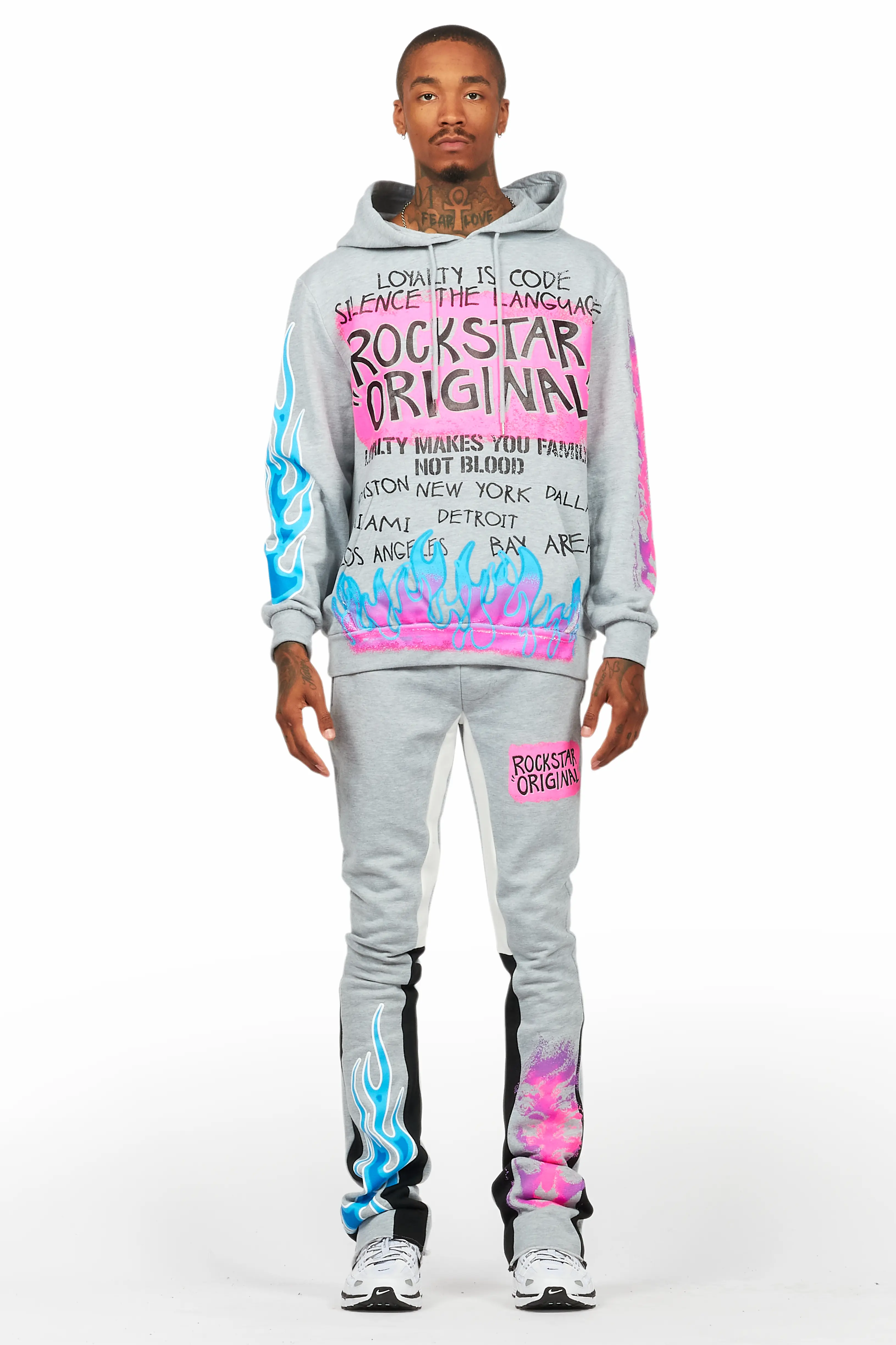 Beno Heather Grey Stacked Flare Hoodie Track Set - Image 2