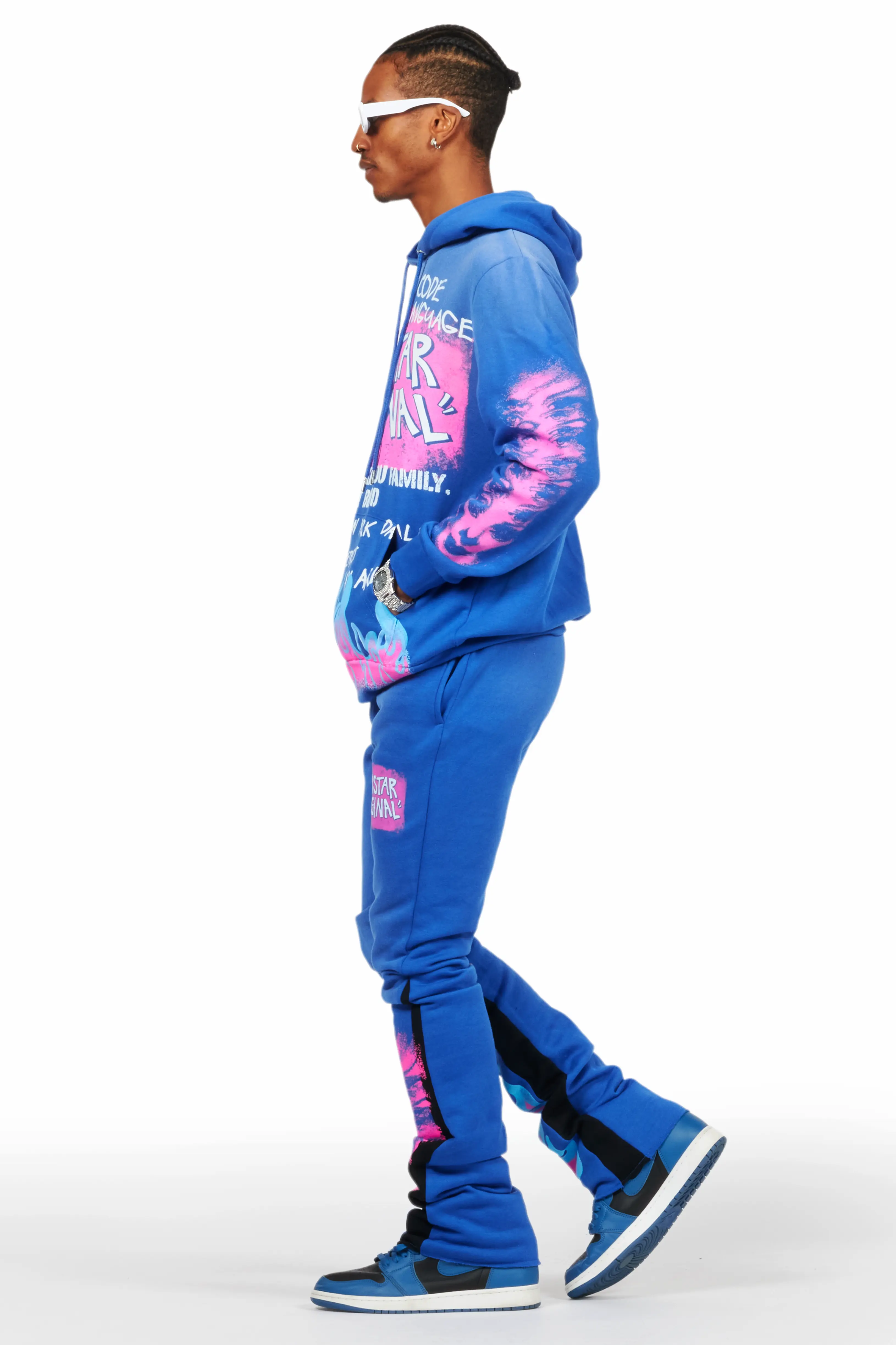 Beno Royal Blue Stacked Flare Hoodie Track Set - Image 3