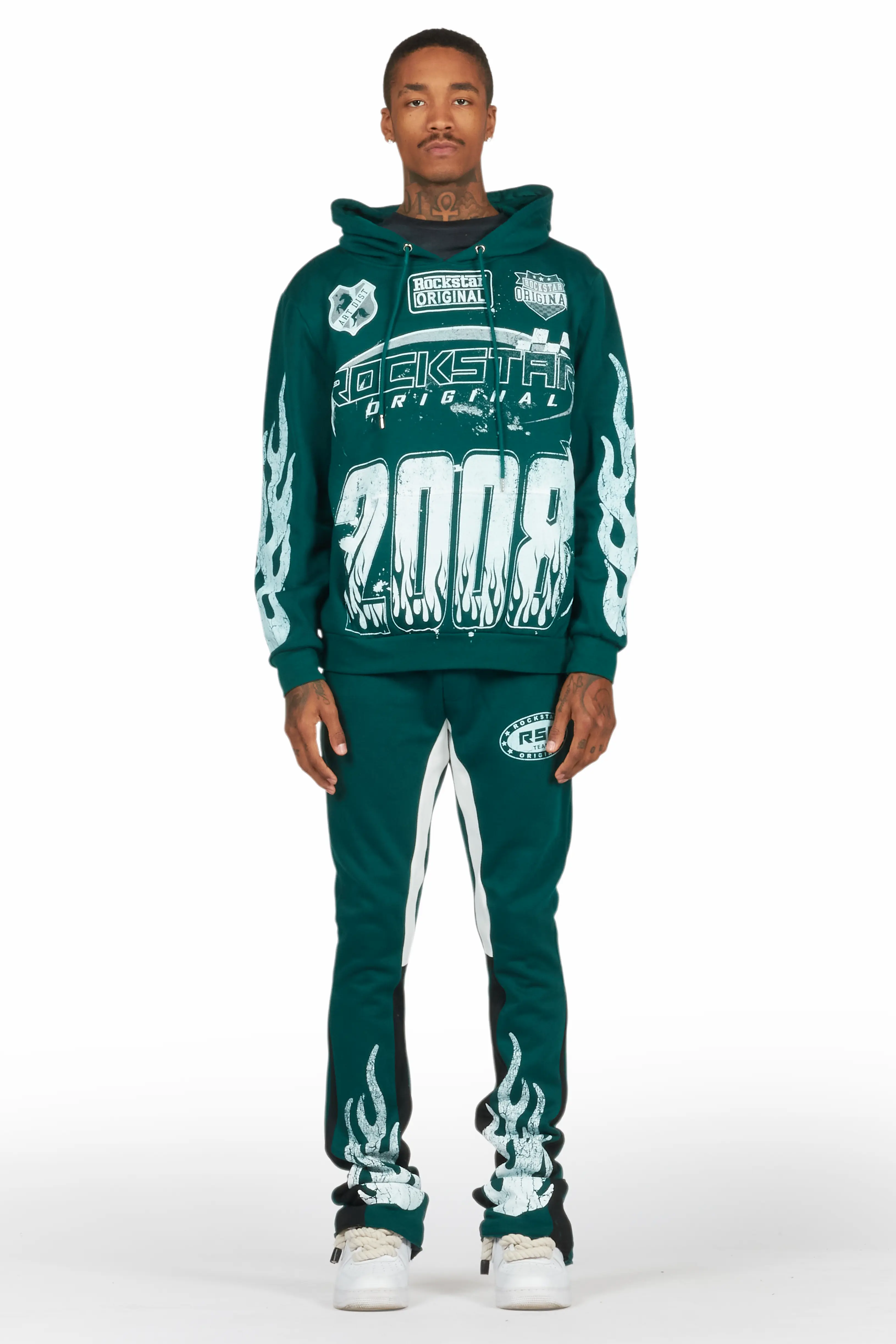 Amos Dark Green Stacked Flare Hoodie Track Set - Image 2