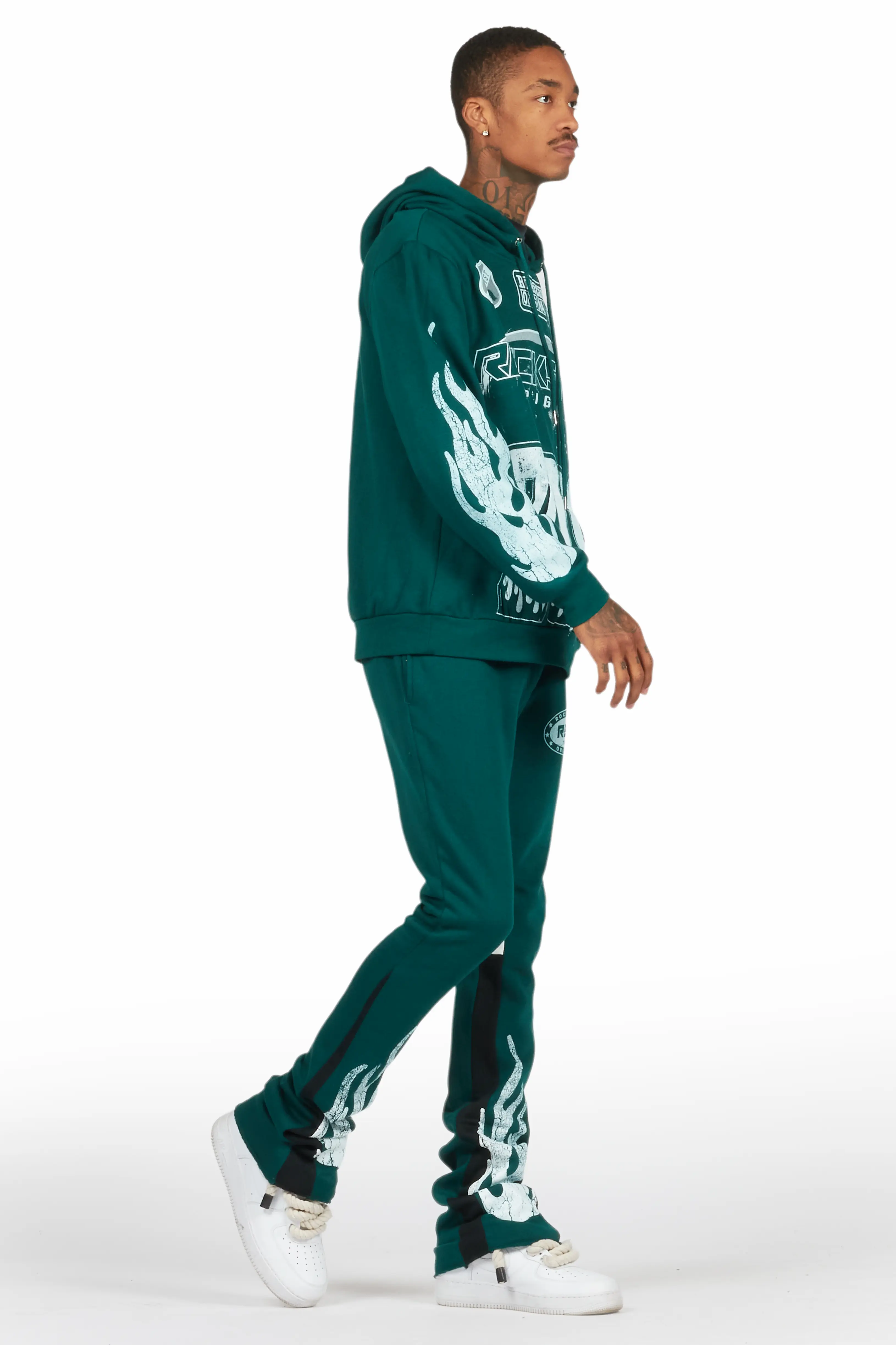 Amos Dark Green Stacked Flare Hoodie Track Set - Image 7