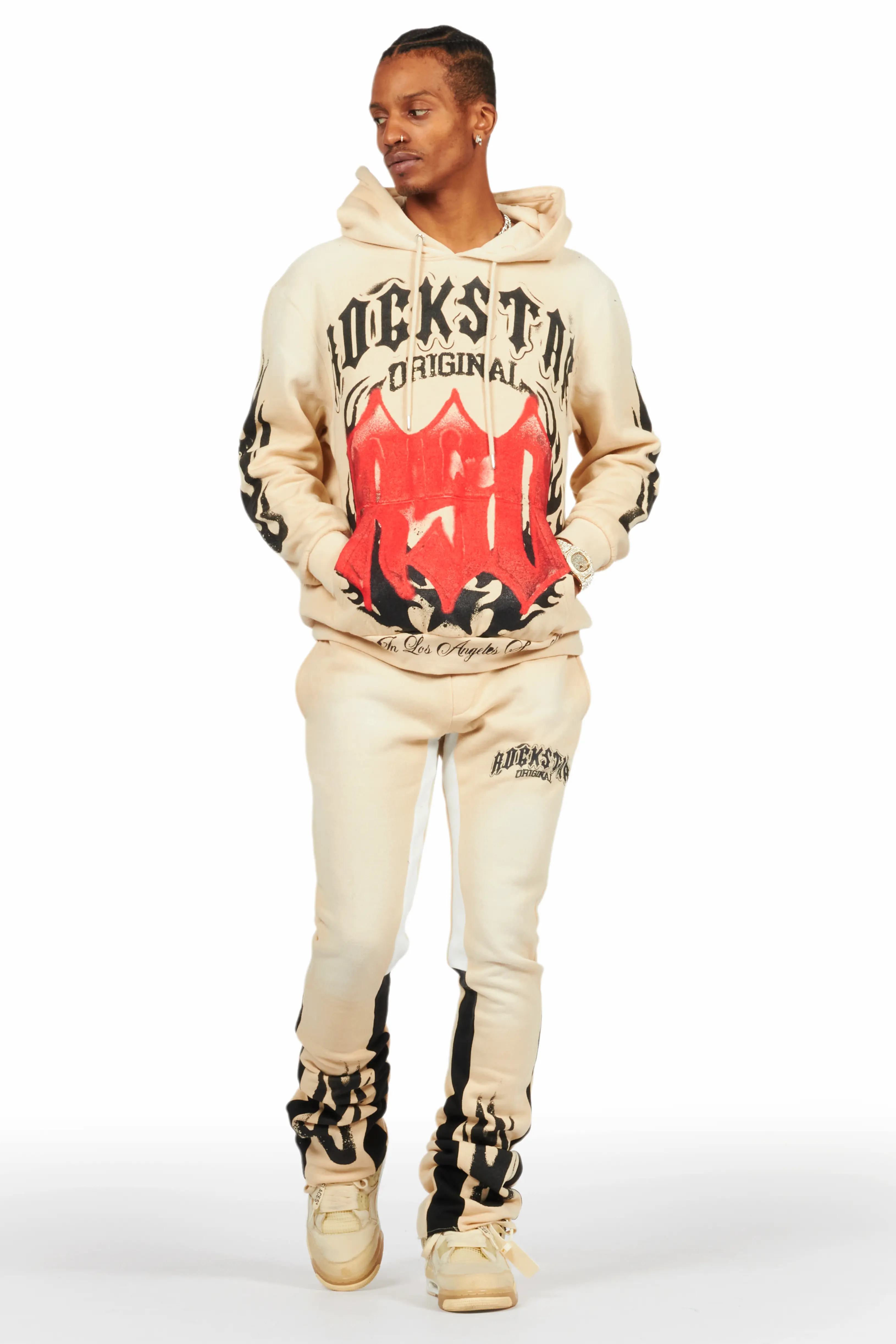 Boaz Beige Stacked Flare Hoodie Track Set - Image 2