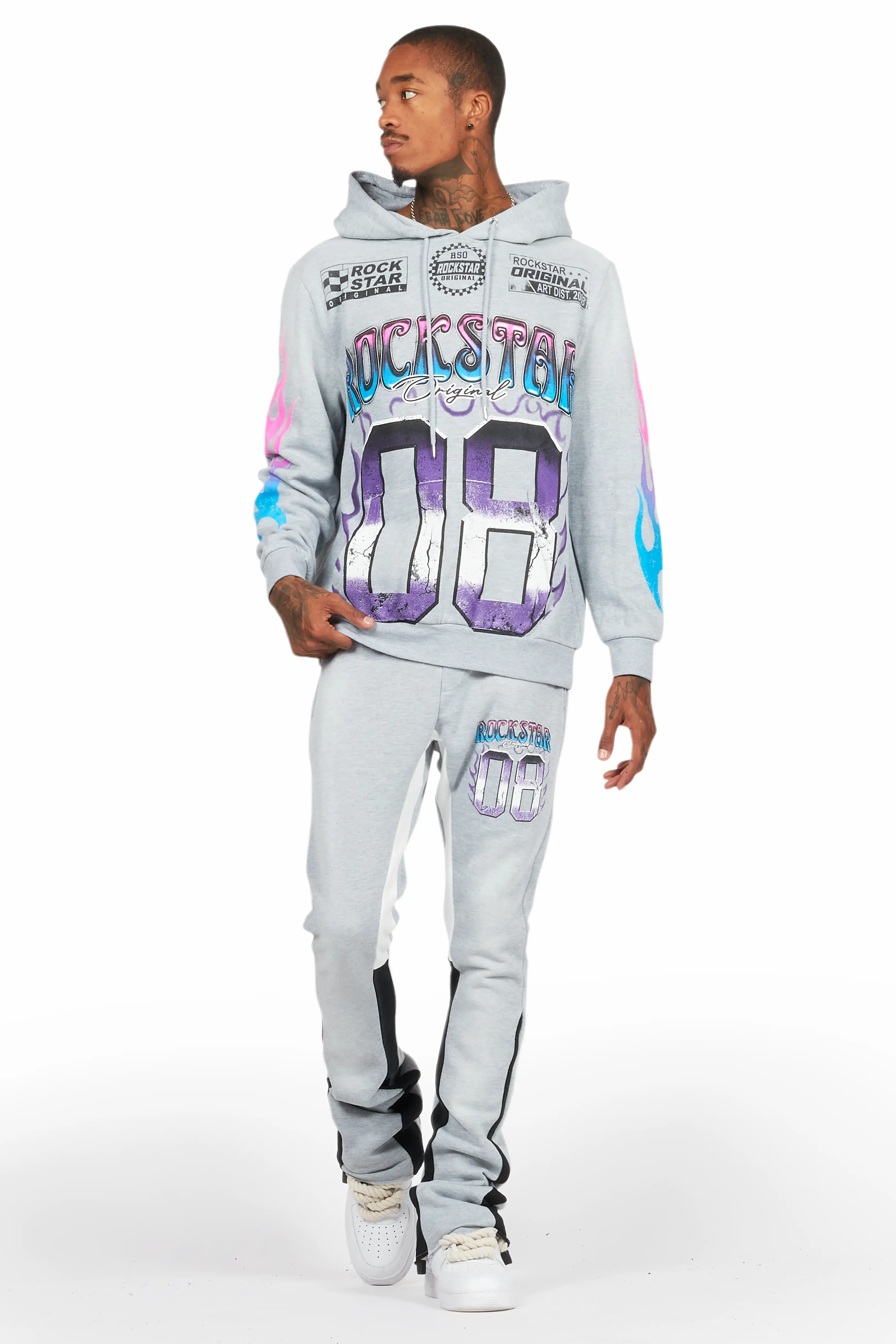 Quito Heather Grey Stacked Flare Hoodie Track Set - Image 2