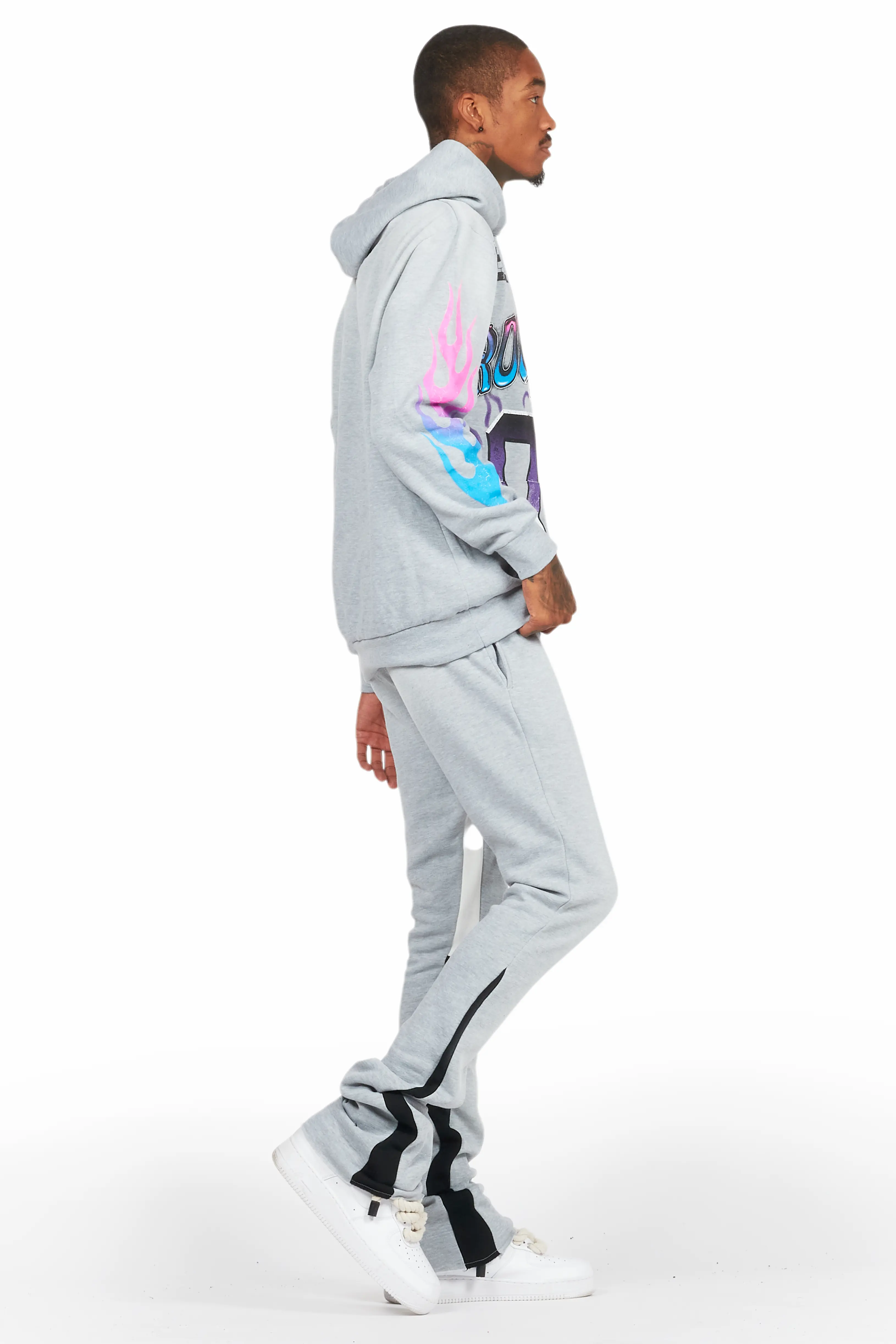 Quito Heather Grey Stacked Flare Hoodie Track Set - Image 3