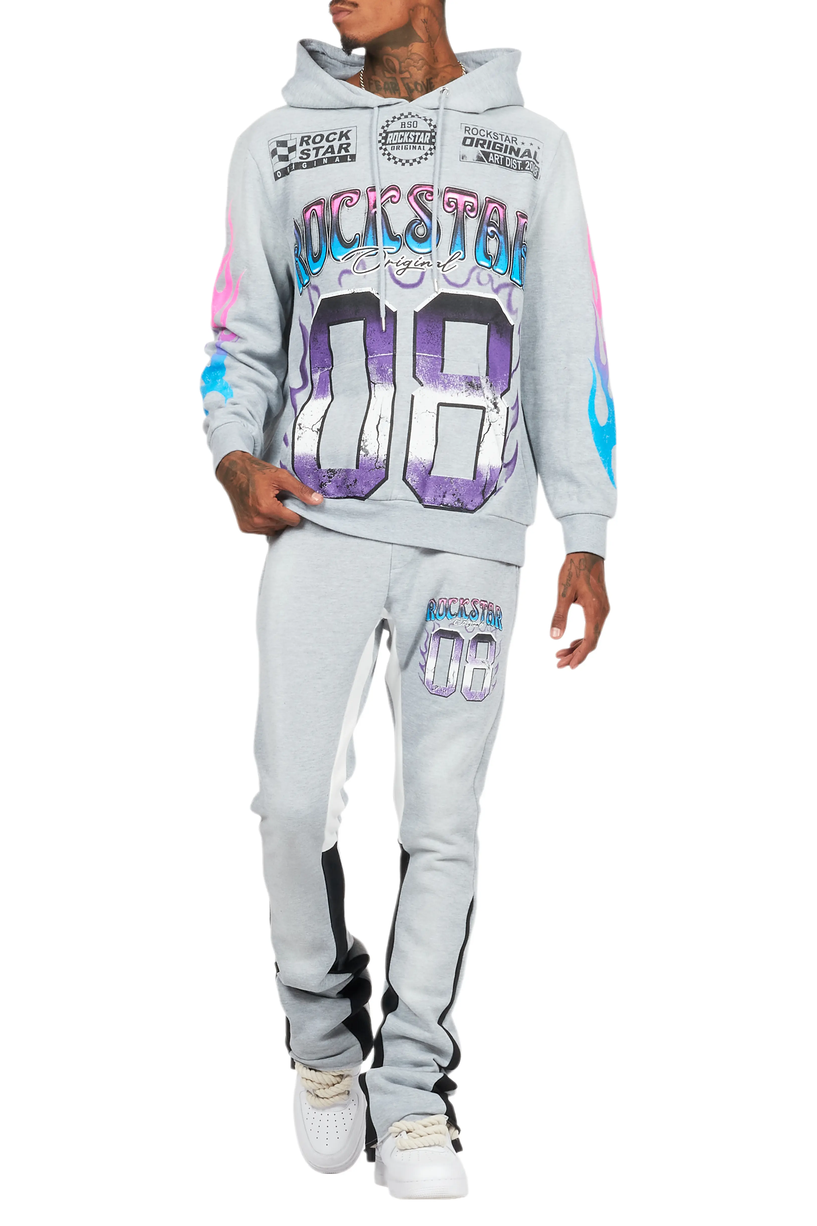 Quito Heather Grey Stacked Flare Hoodie Track Set - Image 9