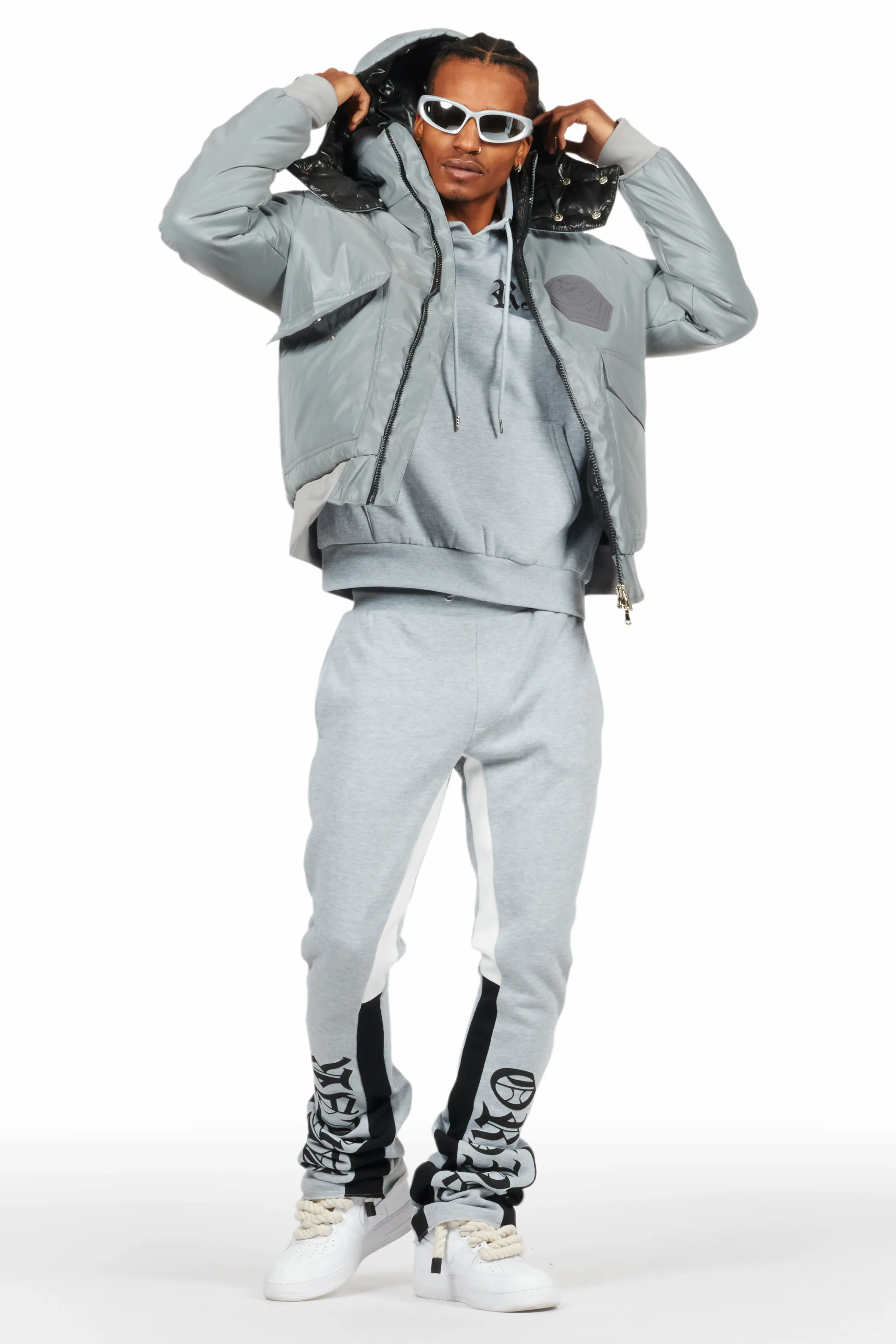 Alonzo Heather Grey Stacked Flare Hoodie Track Set - Image 3