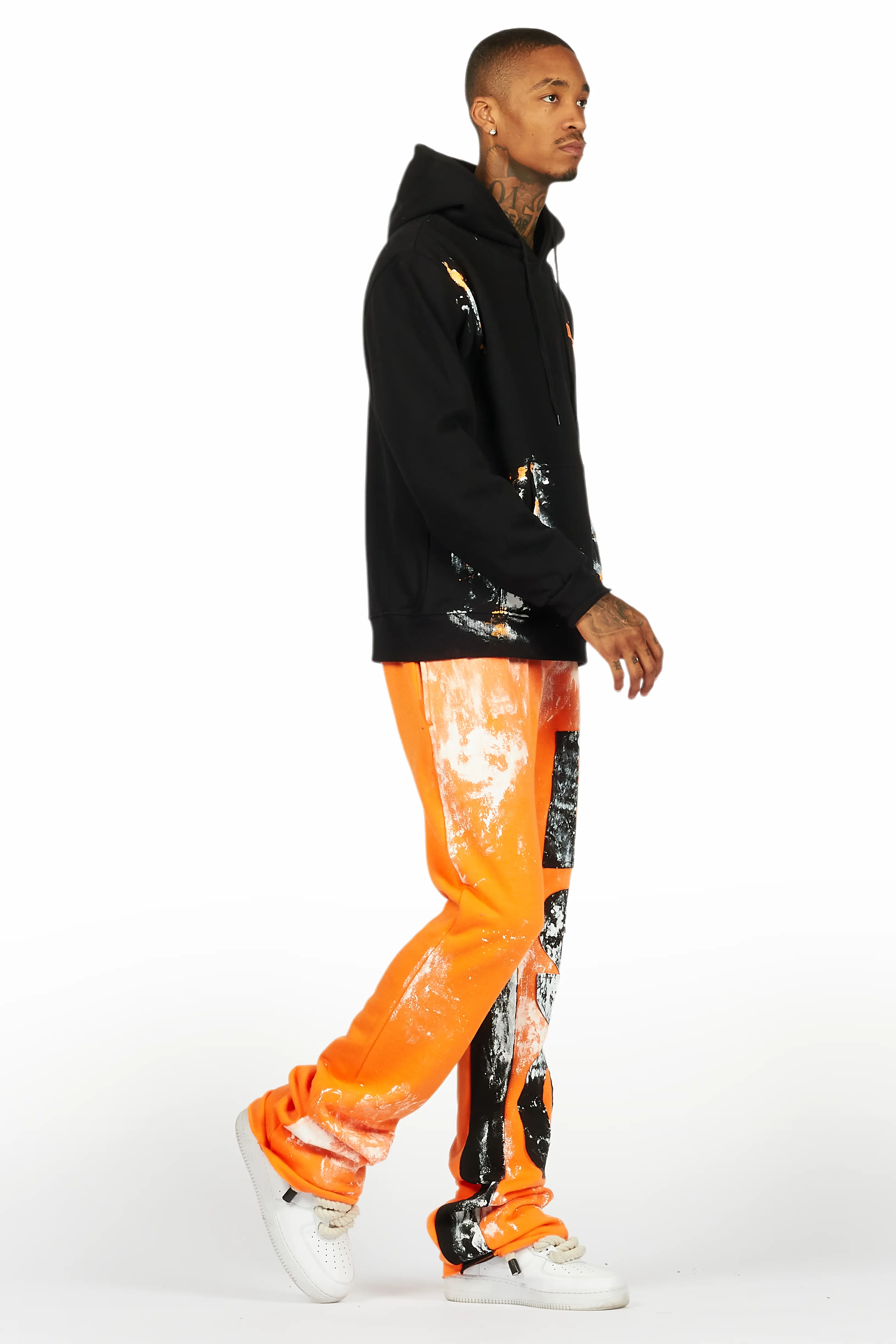 Folly Black/Orange Hoodie/Baggy Stacked Flare Pant Set - Image 7