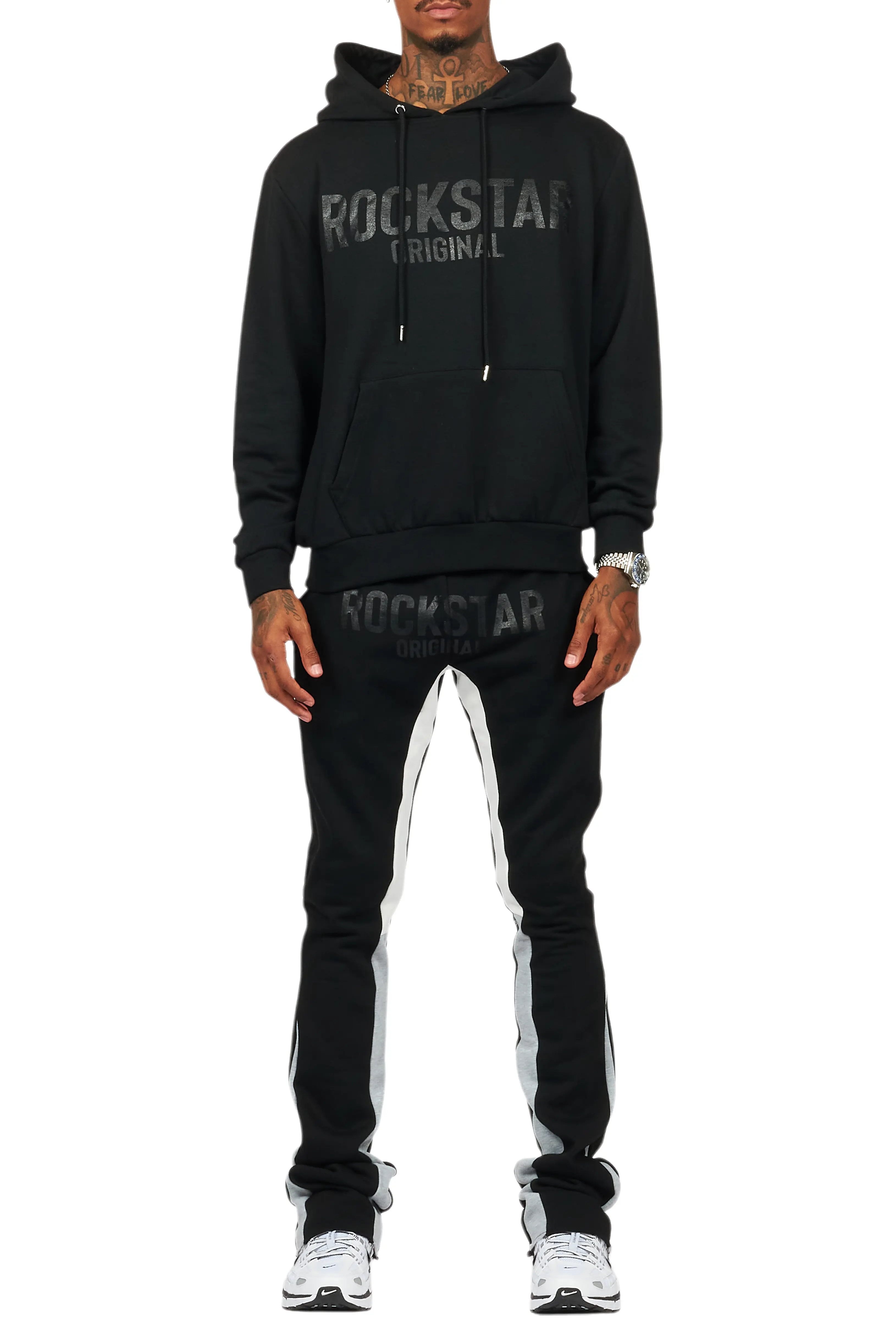 Sana Black Hoodie/Stacked Flare Track Pant Set - Image 9