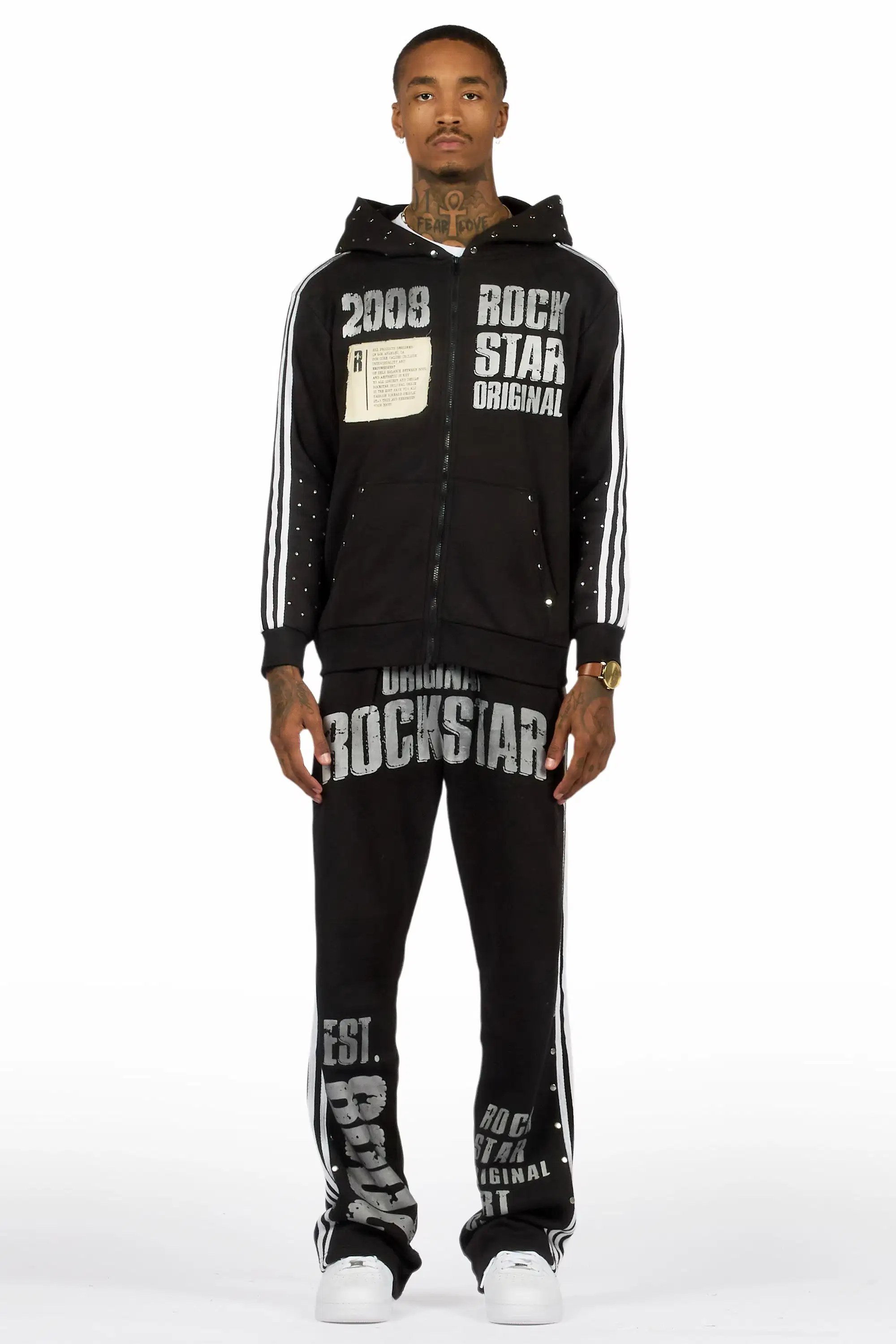 Gusti Black Rhinestone Stacked Flare Hoodie Track Set - Image 2