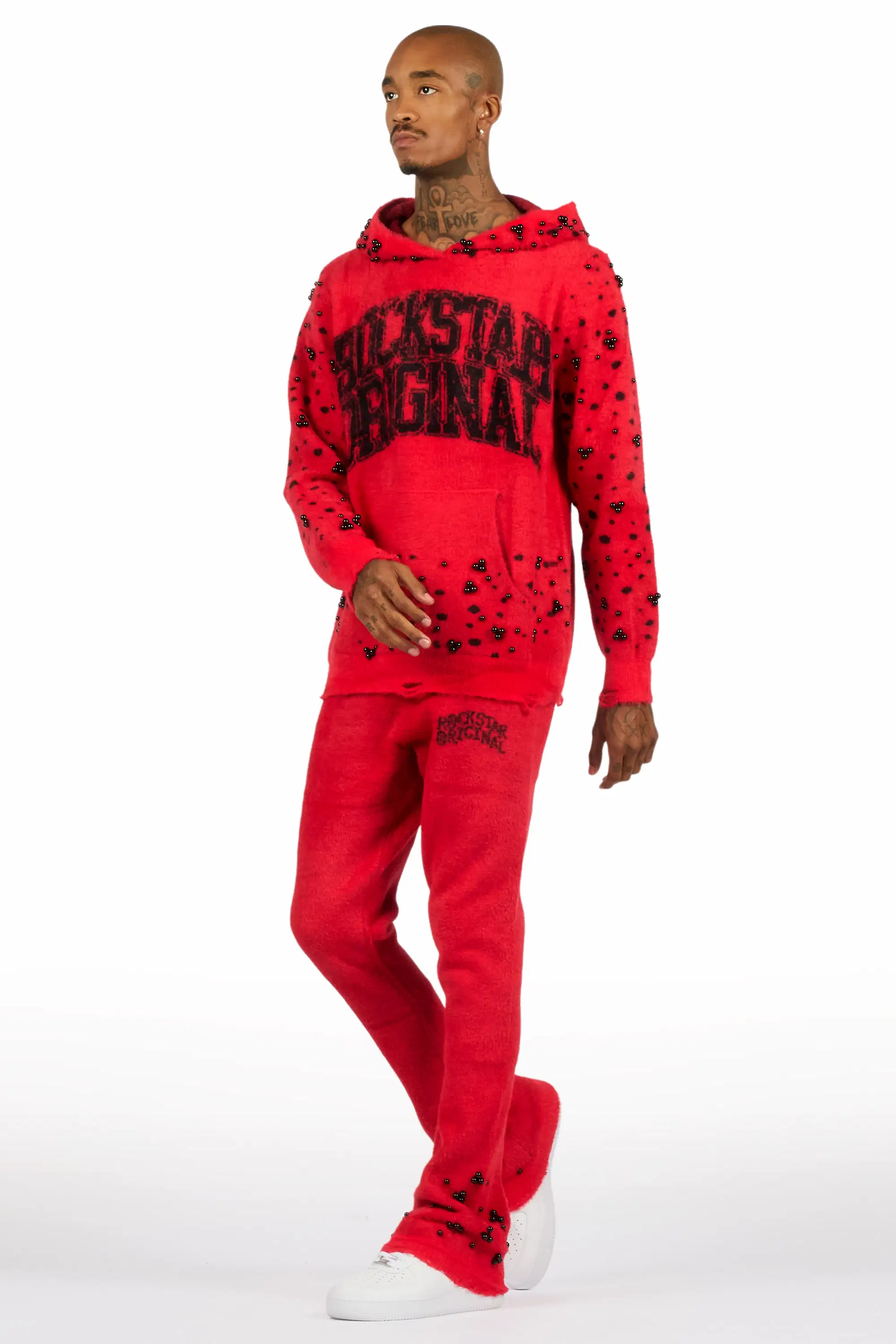 Peril Red Pearl Stone Hoodie Stacked Flare Track Set - Image 5