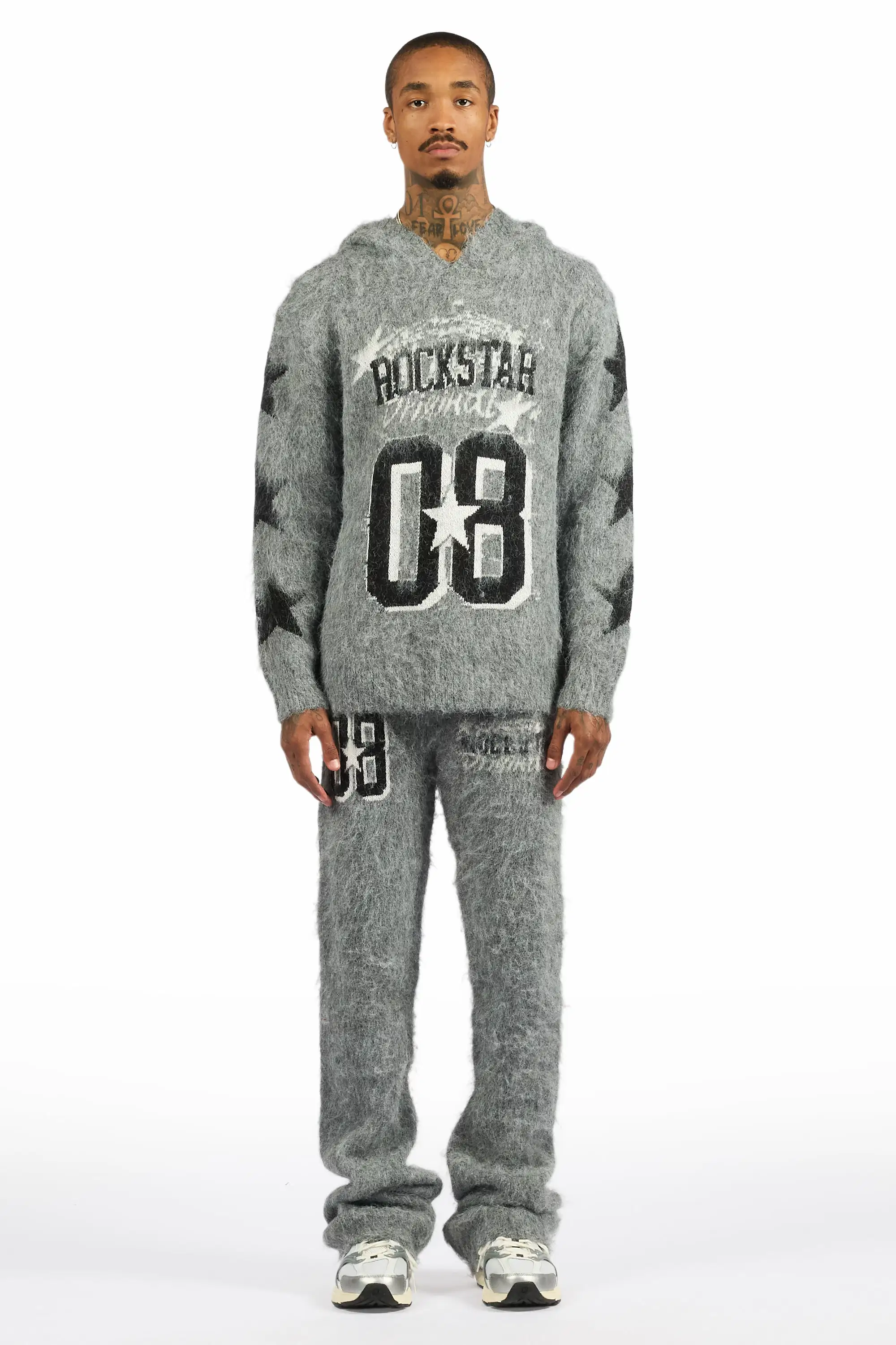 Allstar Grey Hoodie Stacked Flare Knitted Mohair Track Set - Image 2
