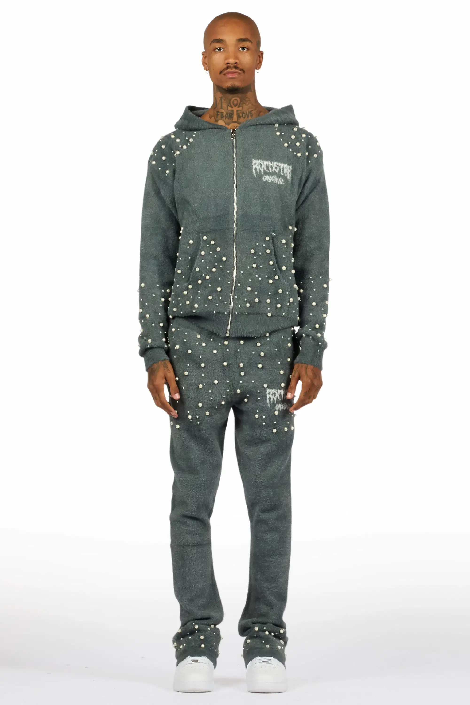 Twinkle Charcoal Rhinestone Hoodie Stacked Flare Track Set - Image 2