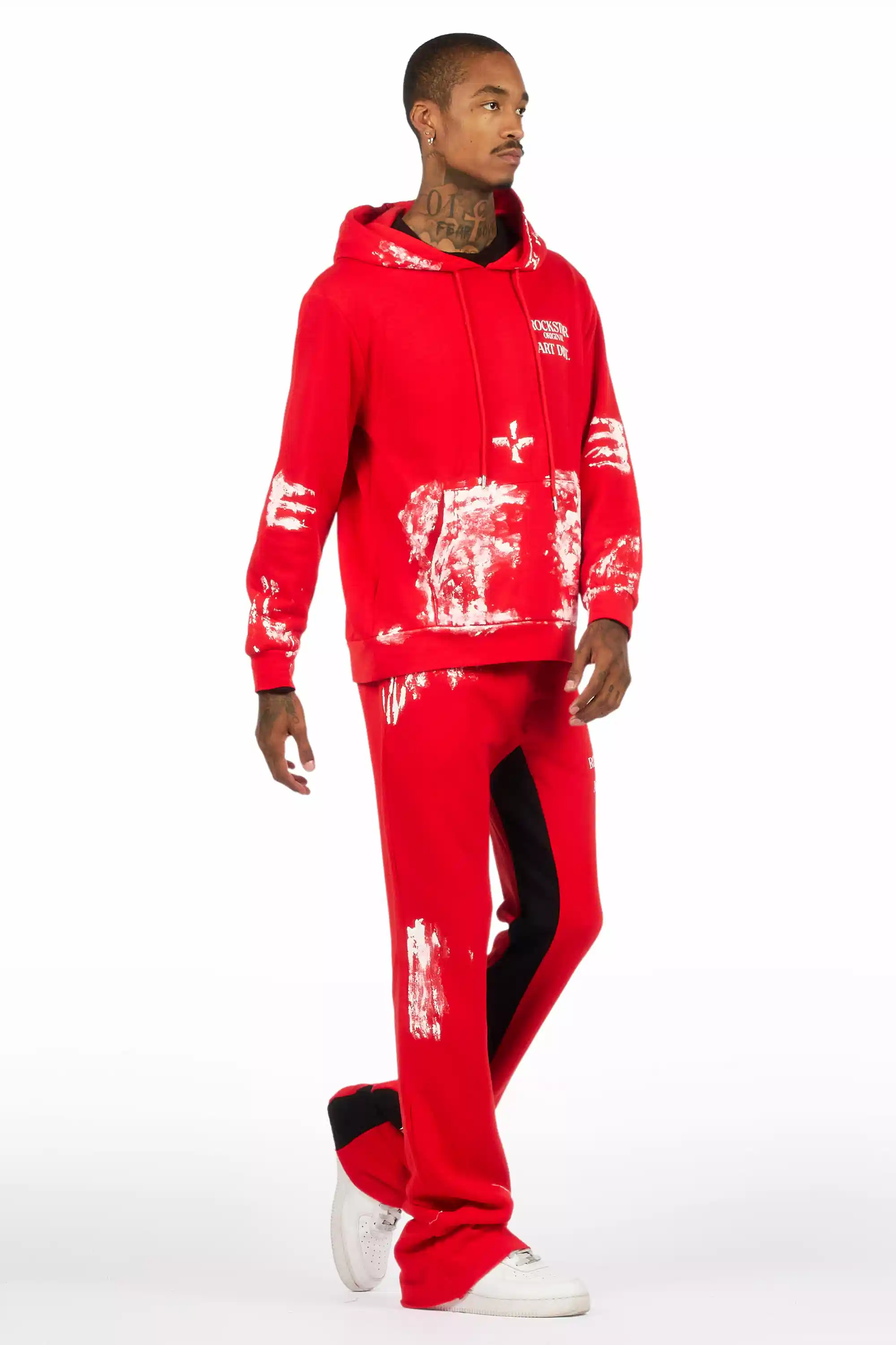 Filip Red/White Hoodie/Baggy Stacked Track Pant Set - Image 4