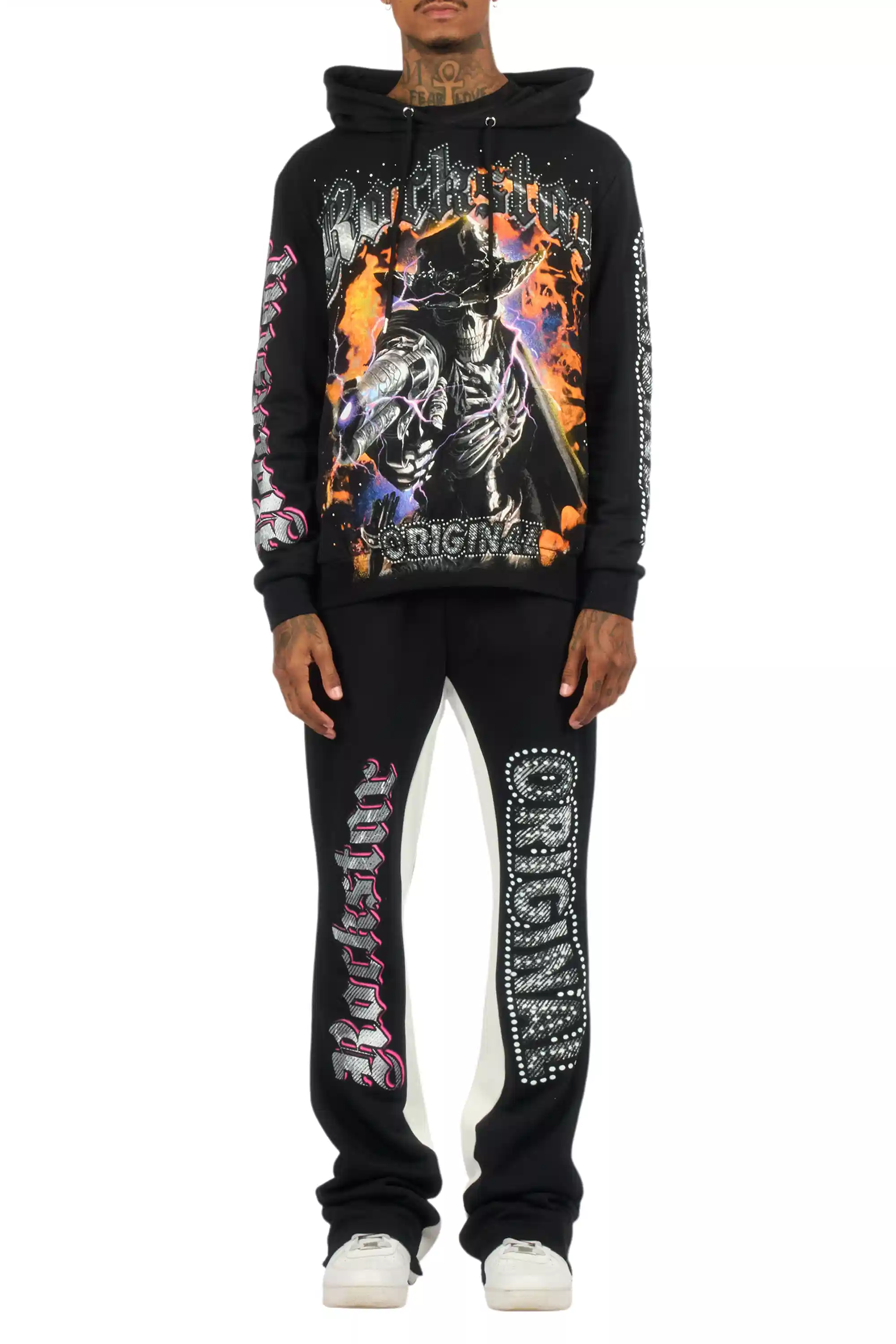 Bixner Black/Multi Hoodie/Baggy Stacked Track Pant Set - Image 10
