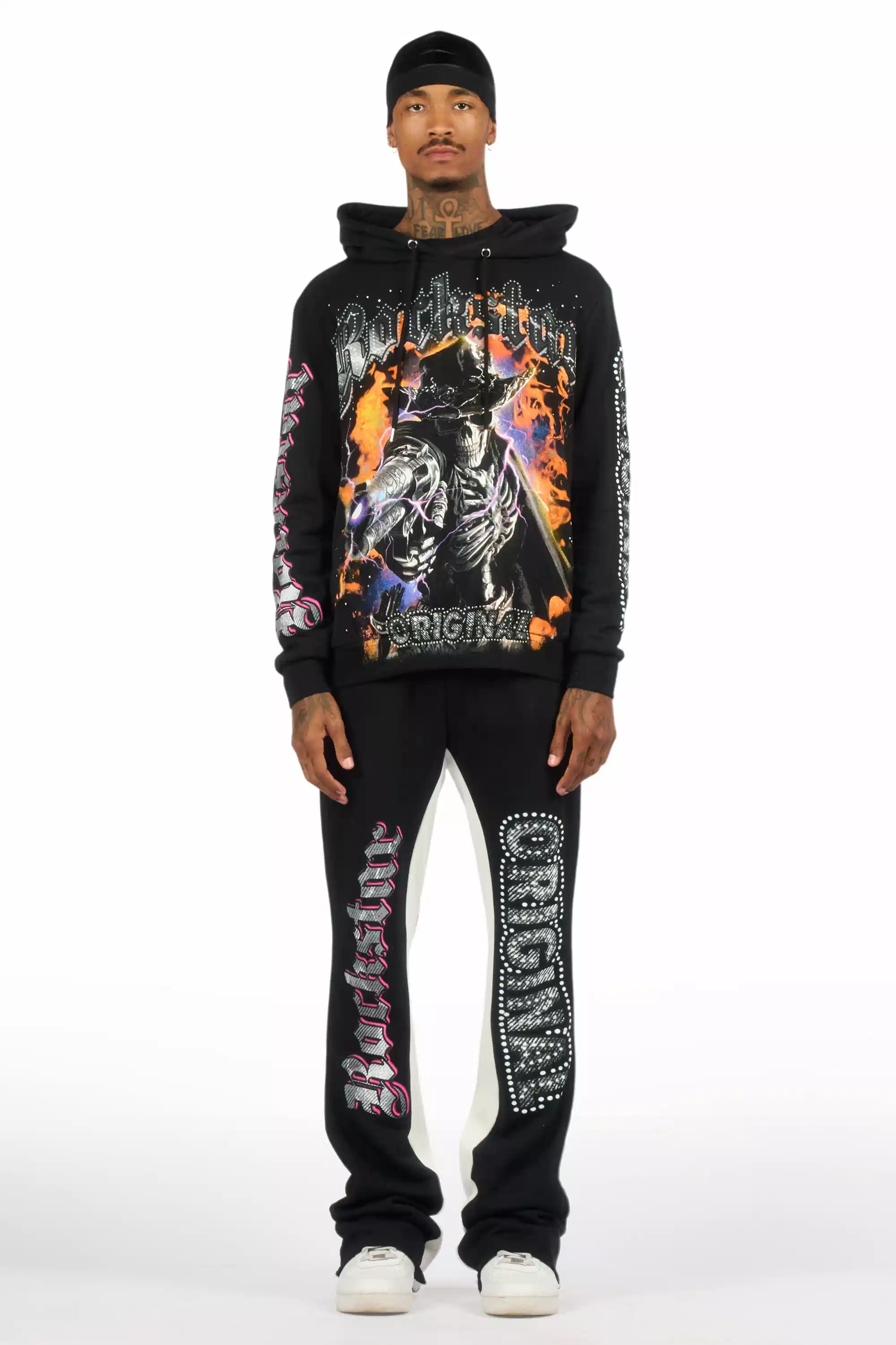 Bixner Black/Multi Hoodie/Baggy Stacked Track Pant Set - Image 2